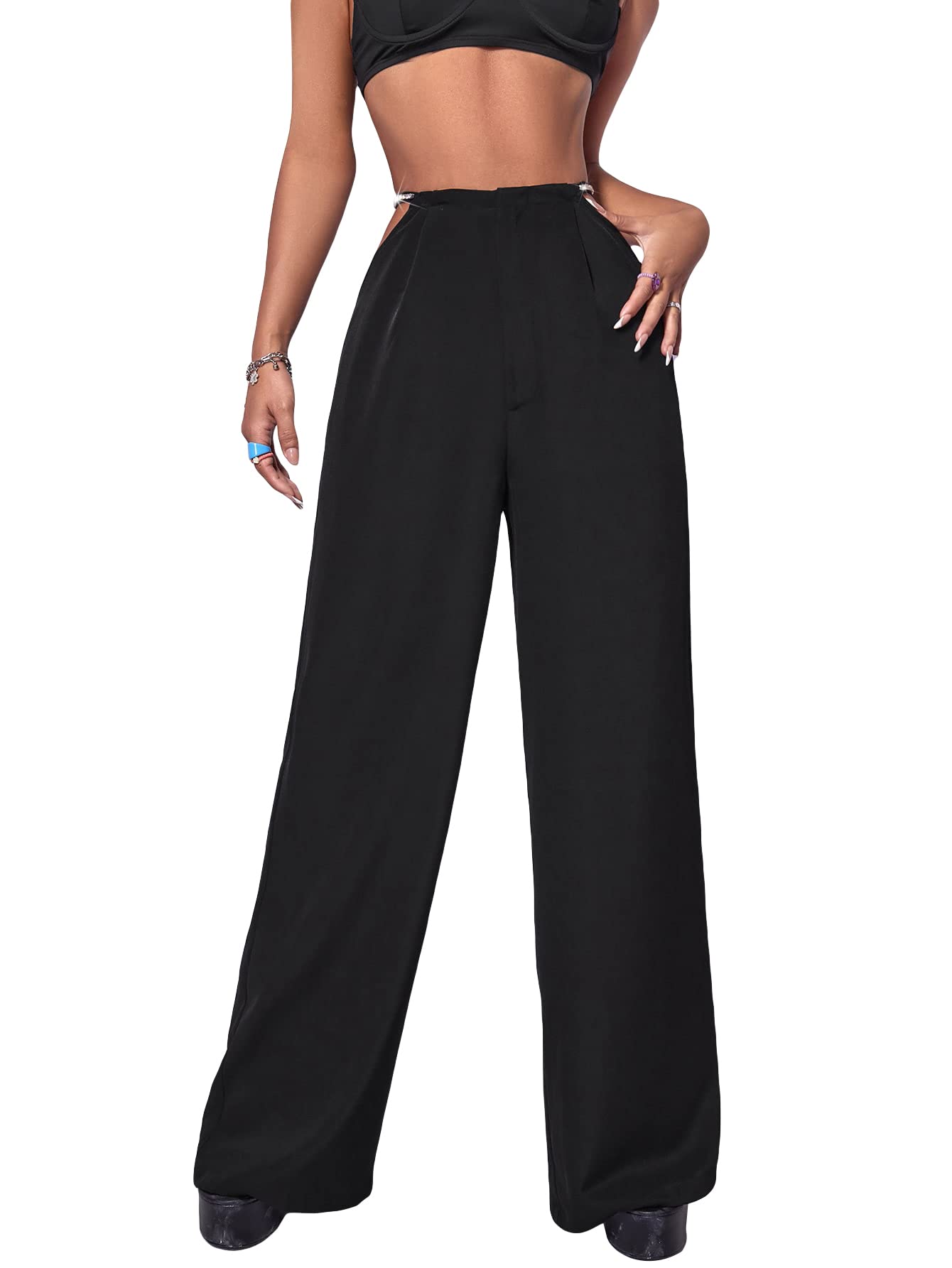 WDIRARA Women's Rhinestone Cut Out High Waist Wide Leg Long Pants - Elegant Party Pants for Evening Events, Night Out & Special Occasions