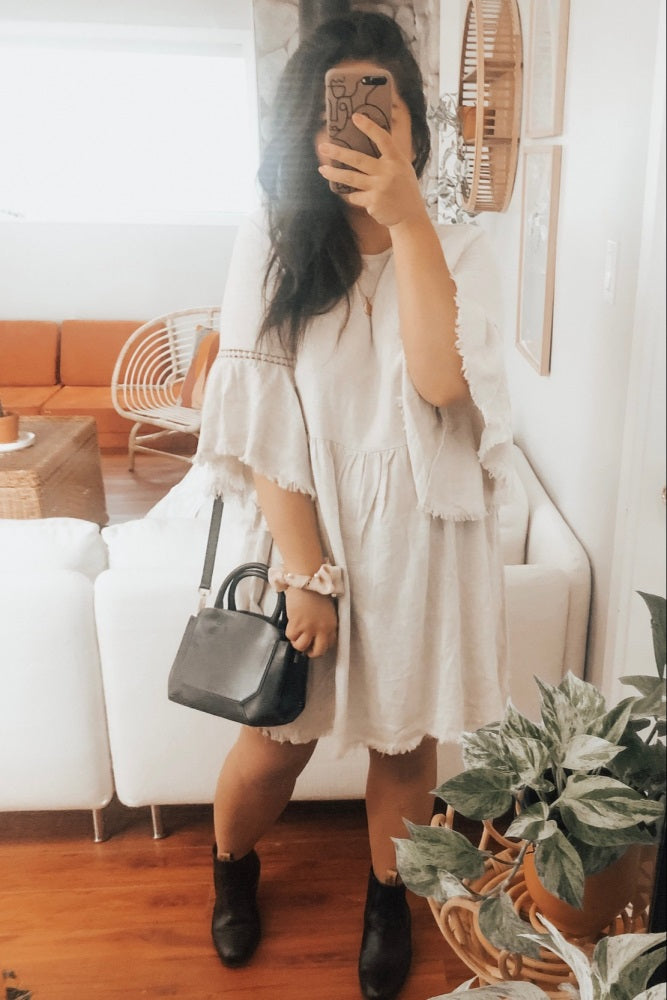 Beige Raw Edge Bell Sleeve Babydoll Dress for Women - Boho Chic Lace Trim Mini Dress - Perfect for Summer, Beach, Music Festivals & Date Nights