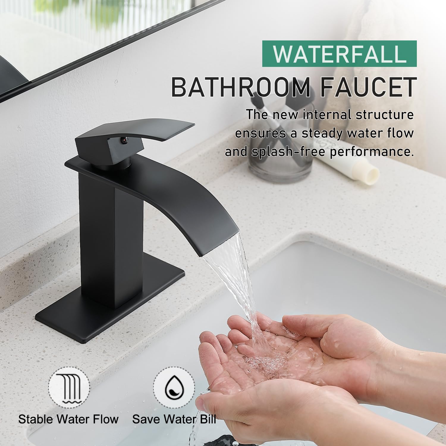 VOTON Matte Black Single Handle Waterfall Bathroom Sink Faucet - Modern Design for 1 or 3 Holes with Deck Plate - Perfect for RV, Camper, Farmhouse & Utility Sink Remodels (Ideal for Small Bathrooms & Vanities)