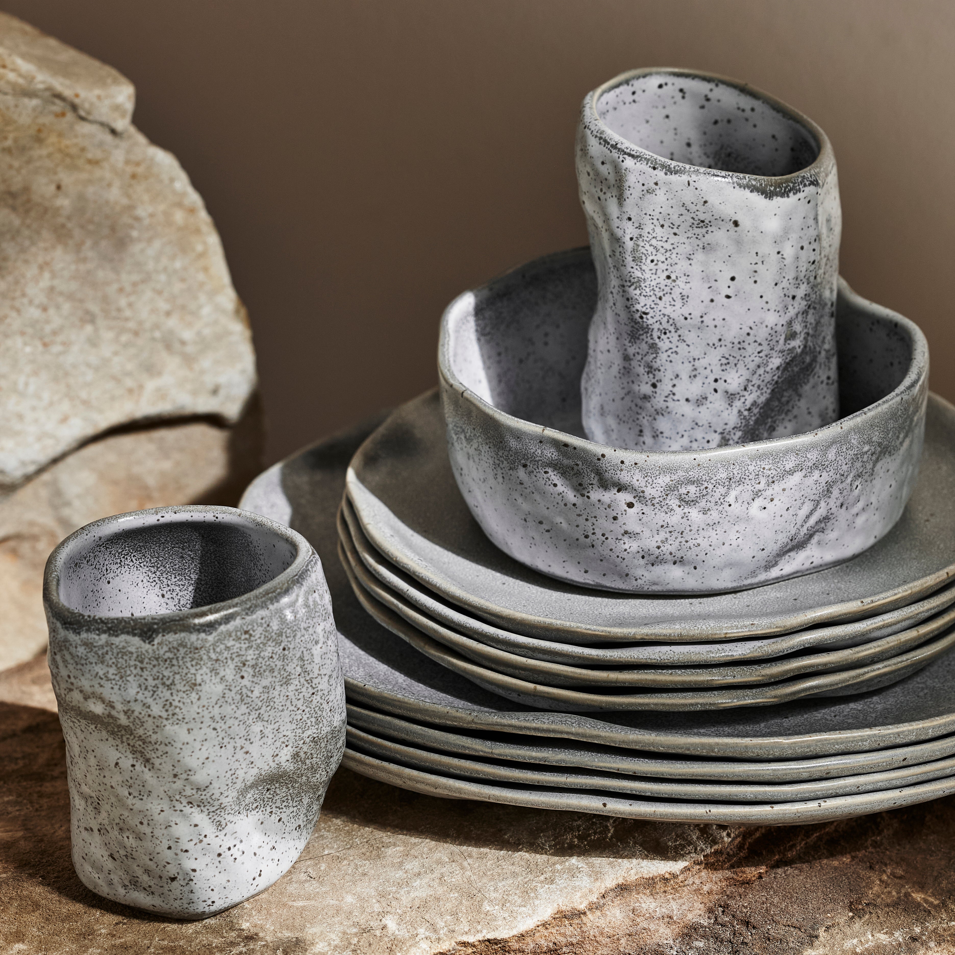 Premium Atik Stoneware Dinnerware Set - Grey Speckled Ceramic Plates & Bowls for Everyday Dining & Entertaining | Durable & Stylish Dinnerware for Family Meals, Dinner Parties & Restaurant Use