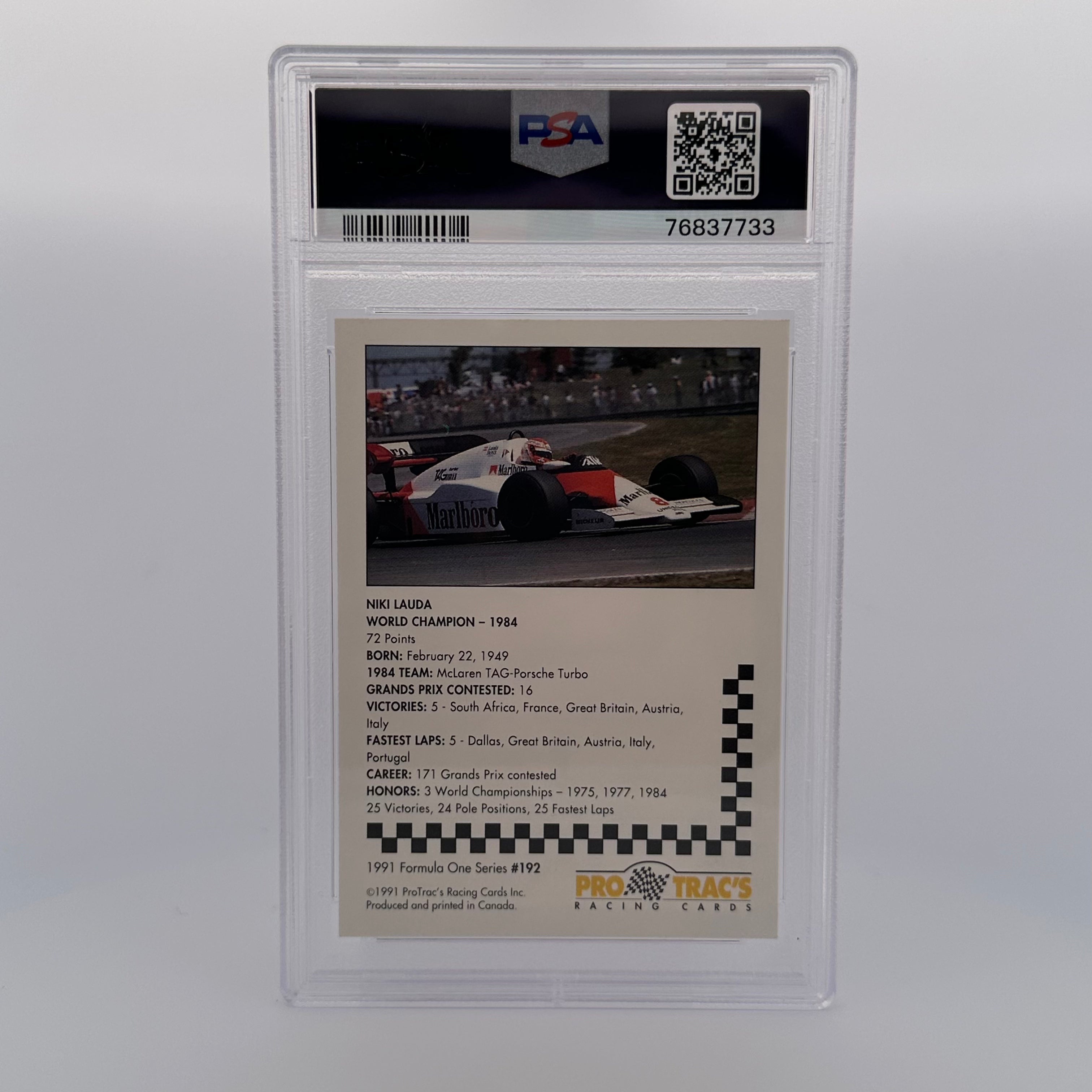 PSA 9 Graded NIKI LAUDA #192 1991 PROTRAC'S FORMULA ONE Trading Card - Rare Collectible for F1 Fans & Sports Memorabilia Enthusiasts - Perfect for Display, Investment, and Racing Memorabilia Collections