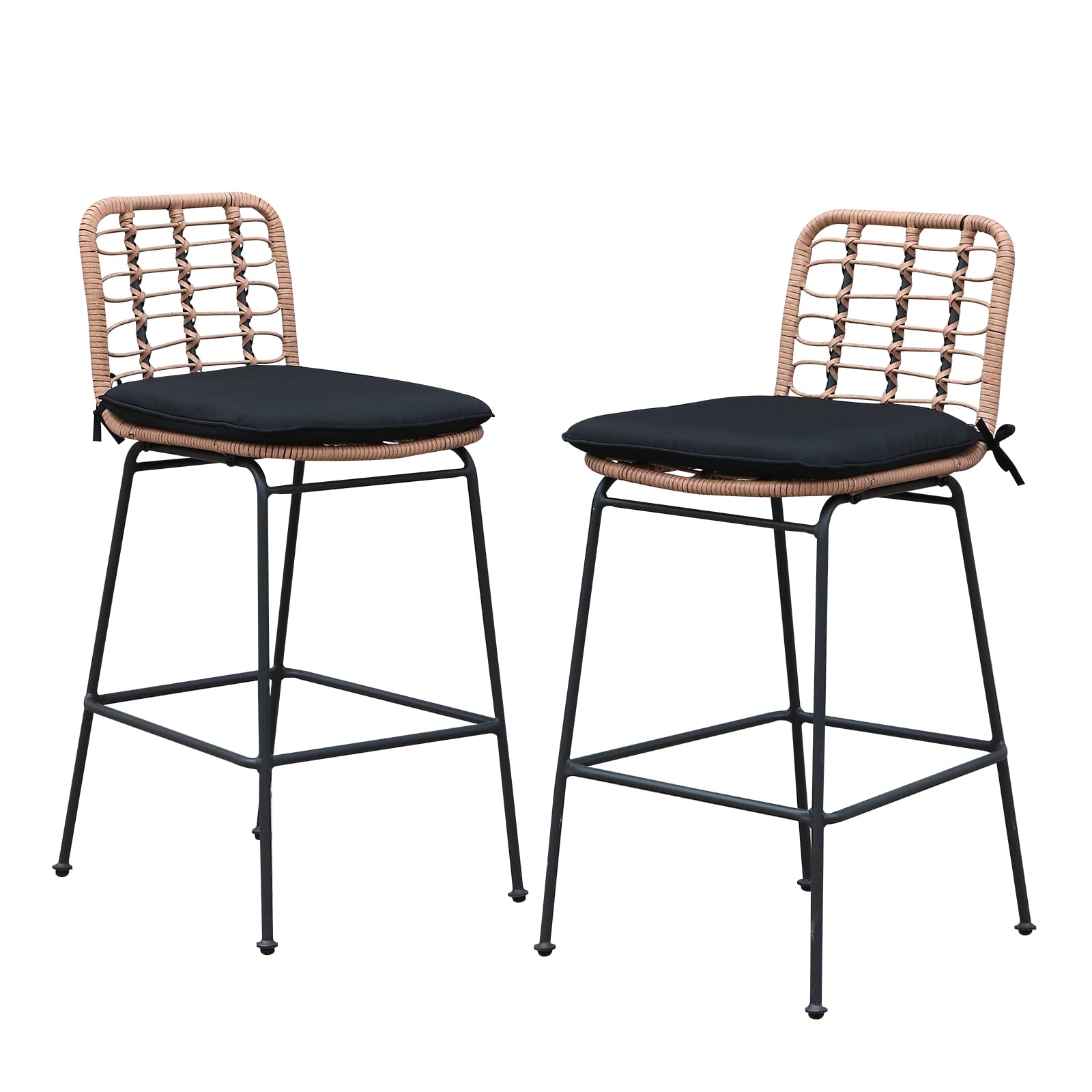 **Patiorama Outdoor Bar Stools Set of 2 – Counter Height Rattan Bar Chairs with Footrest, Hand-Woven Armless Design – Beige & Black Cushion – Perfect for Garden, Pool, Patio, Kitchen, Cafe, and Indoor Use**