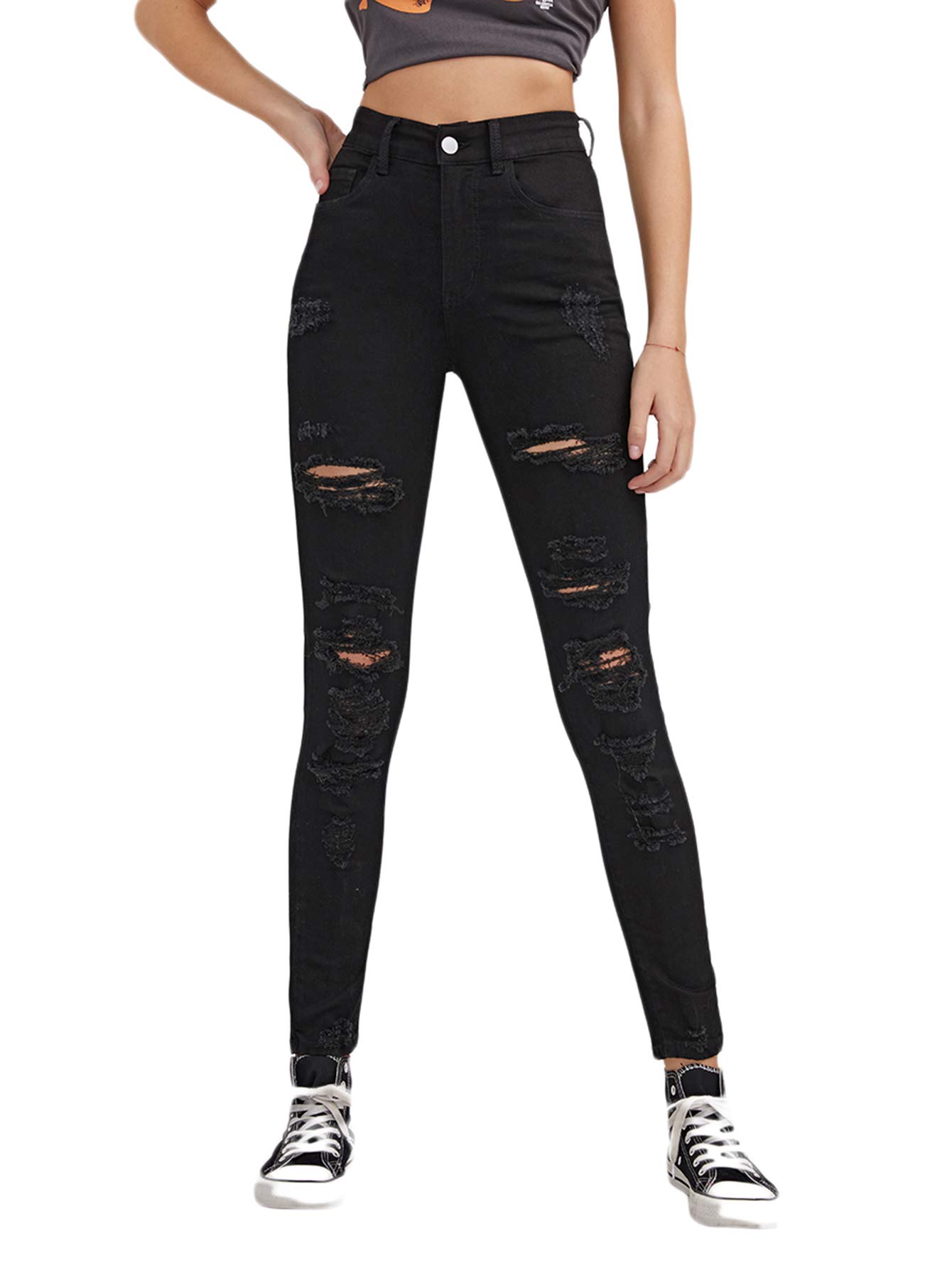 SweatyRocks Women's High Waisted Stretch Ripped Skinny Jeans - Distressed Denim Pants for Casual Wear & Street Style Fashion | Perfect for Everyday Outfits, Parties and Date Nights