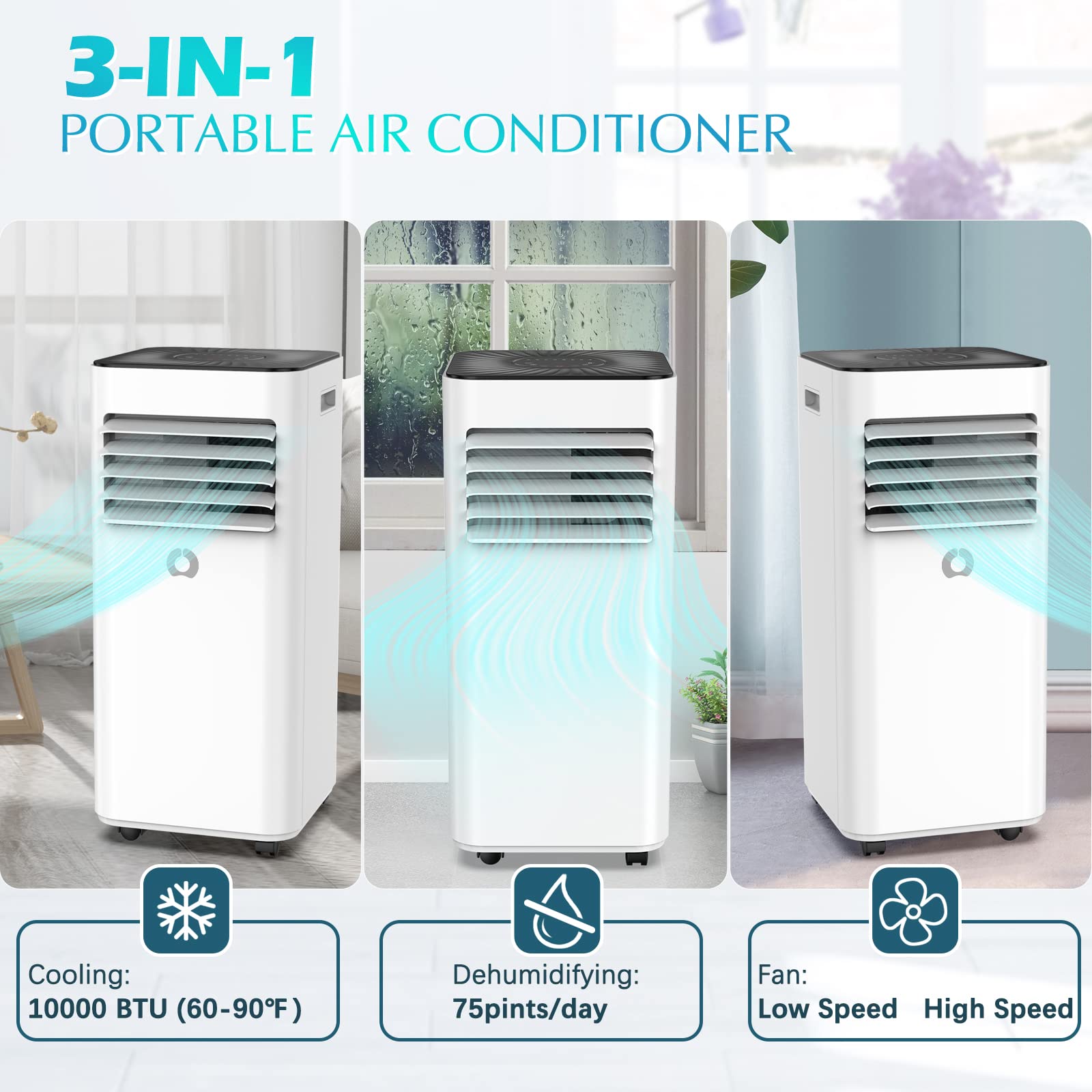 10,000 BTU Portable Air Conditioner for Rooms up to 450 Sq.Ft - 3-in-1 Cooling AC Unit with Dehumidifier & Fan - Remote Control Included - Perfect for Bedrooms, Apartments & Small Offices