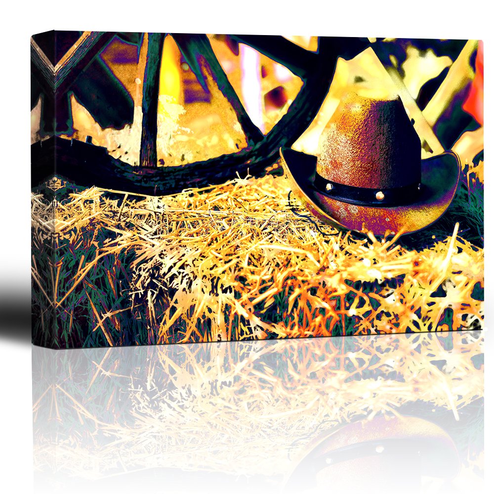 Wall26 - Rustic Cowboy Hat on Hay Bale with Wagon Wheel - Colorful Painterly Canvas Wall Art - 24x36 Inches - Perfect for Western Home Decor, Farmhouse Living Room & Country Style Office