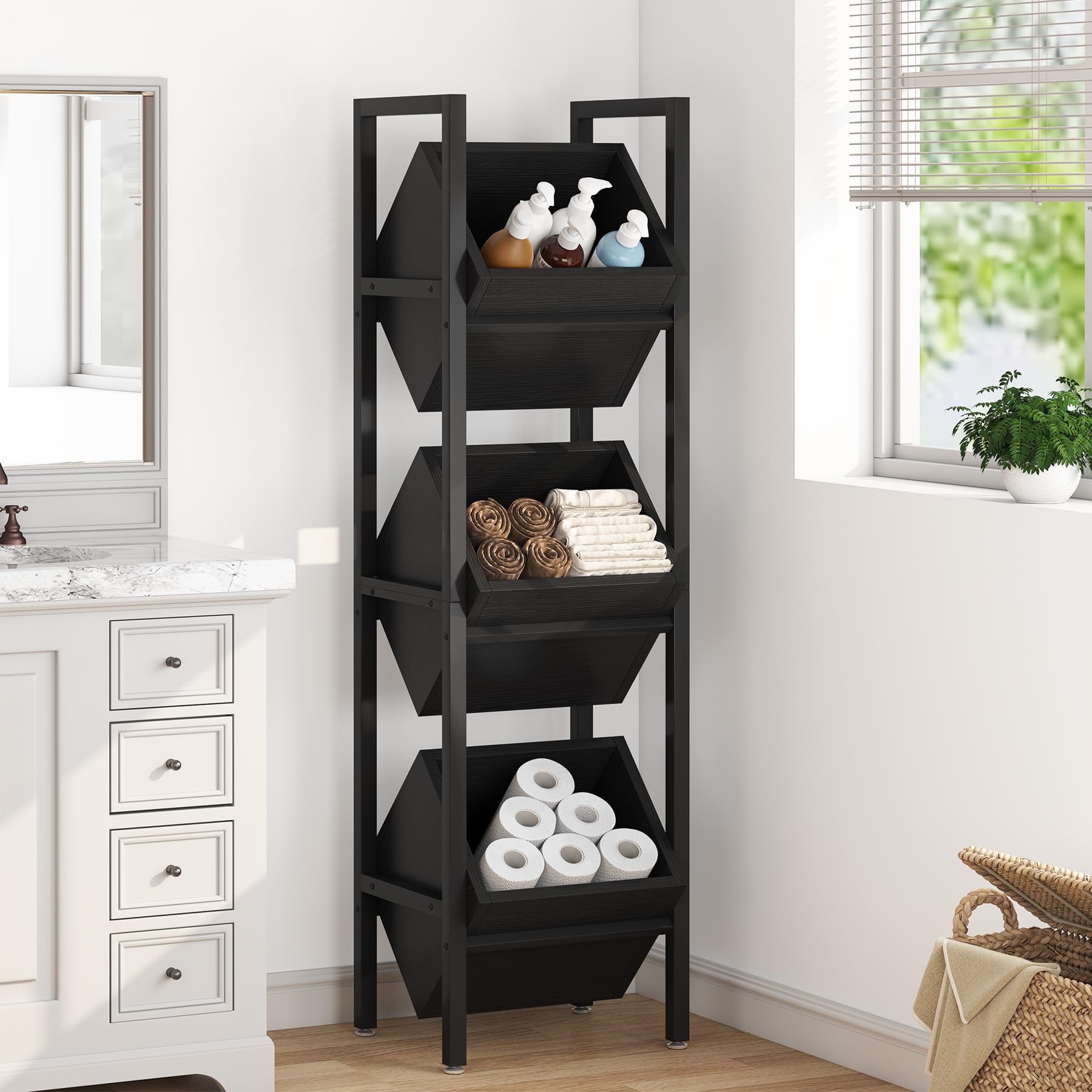 Tribesigns 3-Tier Wooden Basket Stand - Rustic Vertical Storage Organizer with Baskets for Kitchen, Bathroom & Living Room - Perfect for Fruits, Snacks, Towels & Home Decor (Black)