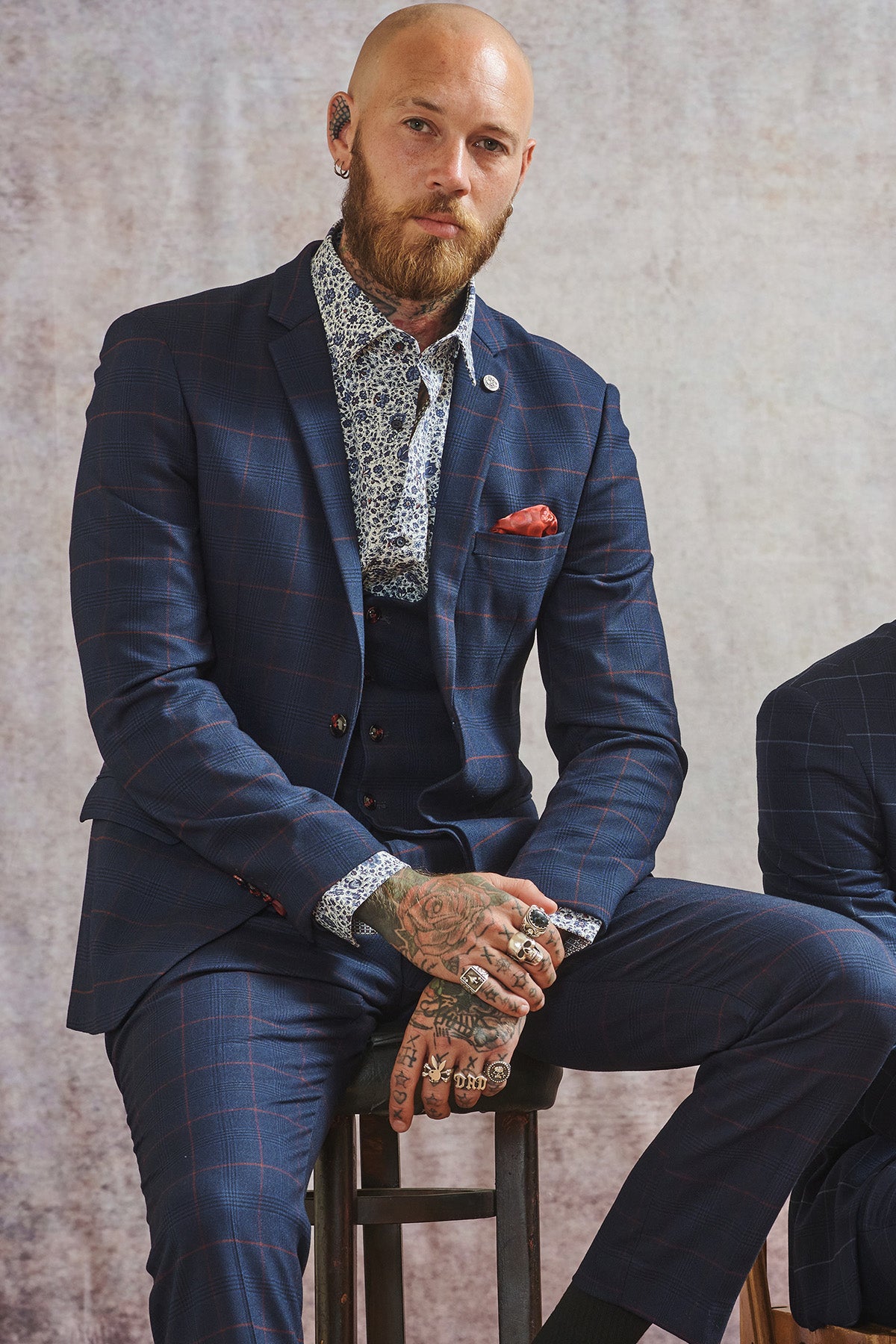 EDINSON Navy & Wine Check Three-Piece Suit for Men | Formal Business Attire | Wedding, Office & Special Occasion Outfit