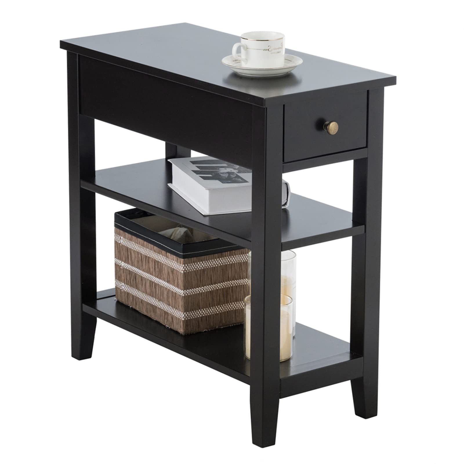 KOTEK 3-Tier Narrow End Table with Drawer & Open Shelf - Slim Nightstand for Bedroom, Living Room & Office - Modern Side Table with Storage (Black) - Perfect for Small Spaces, Apartments & Dorm Rooms