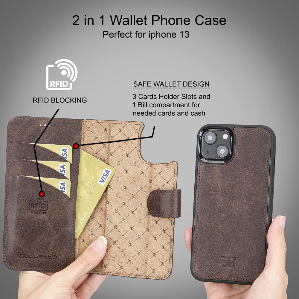 BOULETTA iPhone 13 Mini Wallet Case with Magsafe - Genuine Leather Magnetic Folio Cover, Detachable Card Holder with RFID Protection & Kickstand | Slim 5.4