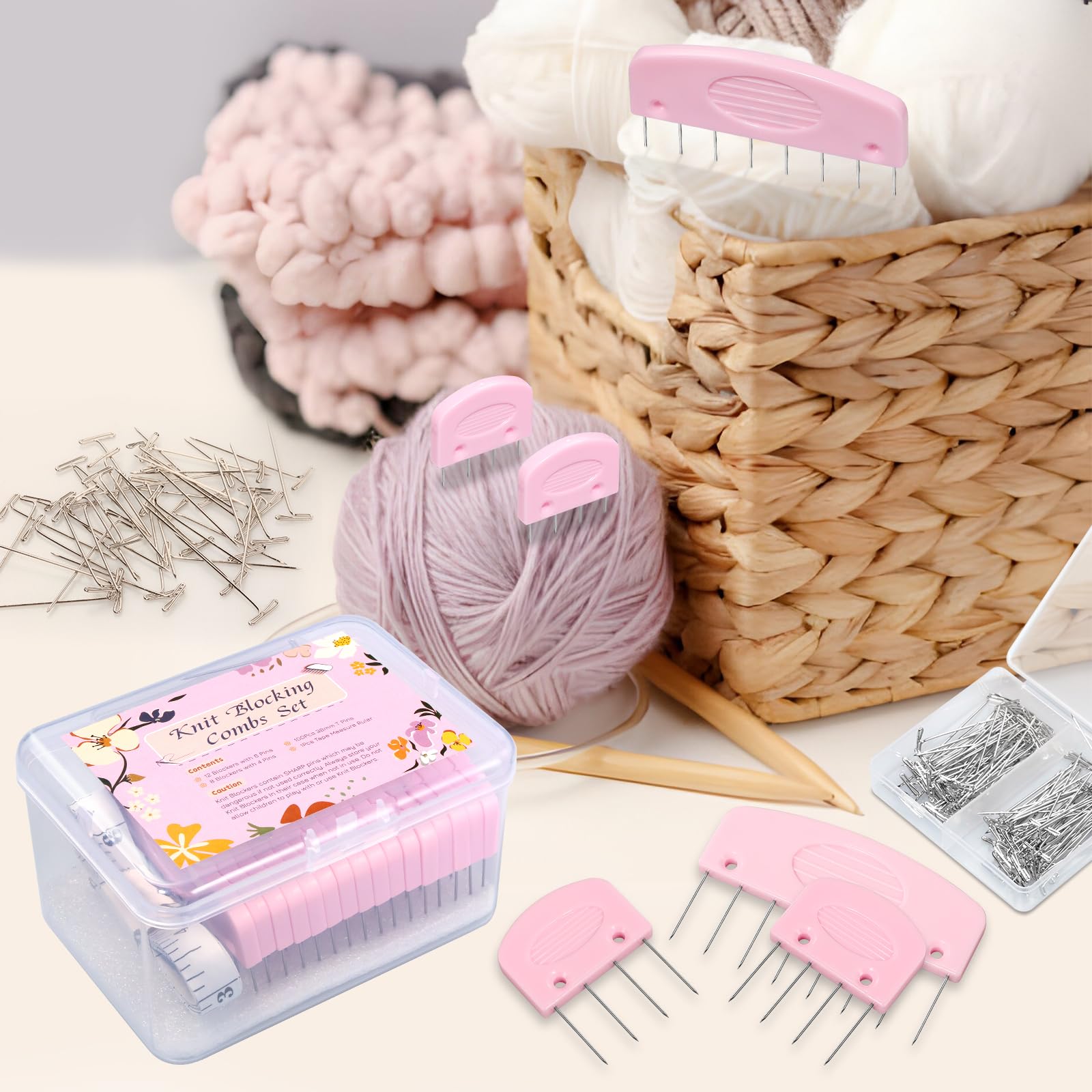 120Pcs Knit Blocking Pins Kit - Stainless Steel T-Pins for Knitting & Crochet Projects - Includes Blocking Mats Combs & Storage Box - Perfect for Shawls, Sweaters & DIY Yarn Crafts