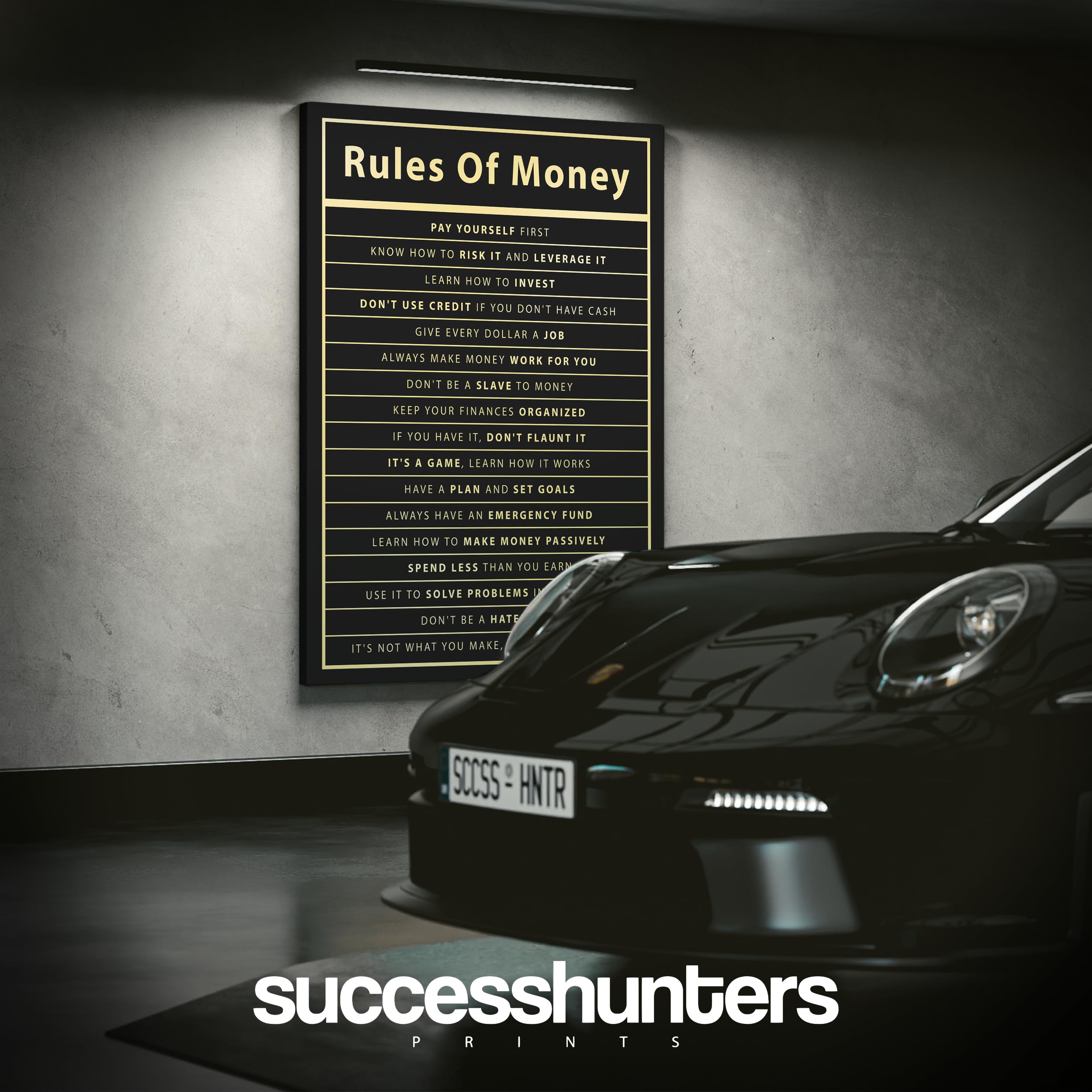 Rules of Money Motivational Wall Art - 36x24 Inch Inspirational Poster for Office & Bedroom - Success Quotes Canvas Print - Perfect for Home Office Decor & Motivational Gift