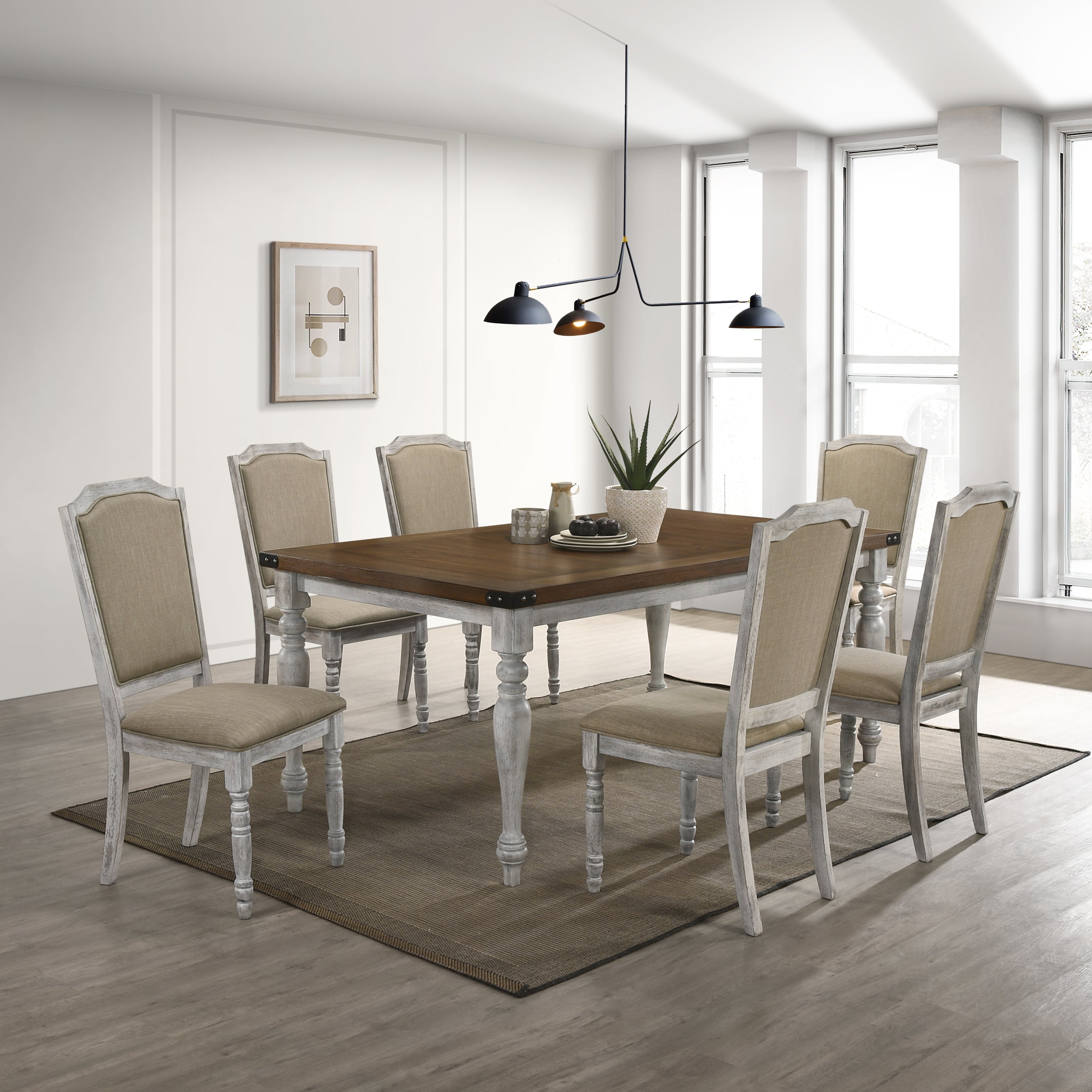 Roundhill Furniture Salines 7-Piece Dining Room Set - Rustic White Oak Table with 6 Upholstered Chairs | Perfect for Farmhouse Kitchens, Dining Rooms & Outdoor Entertaining