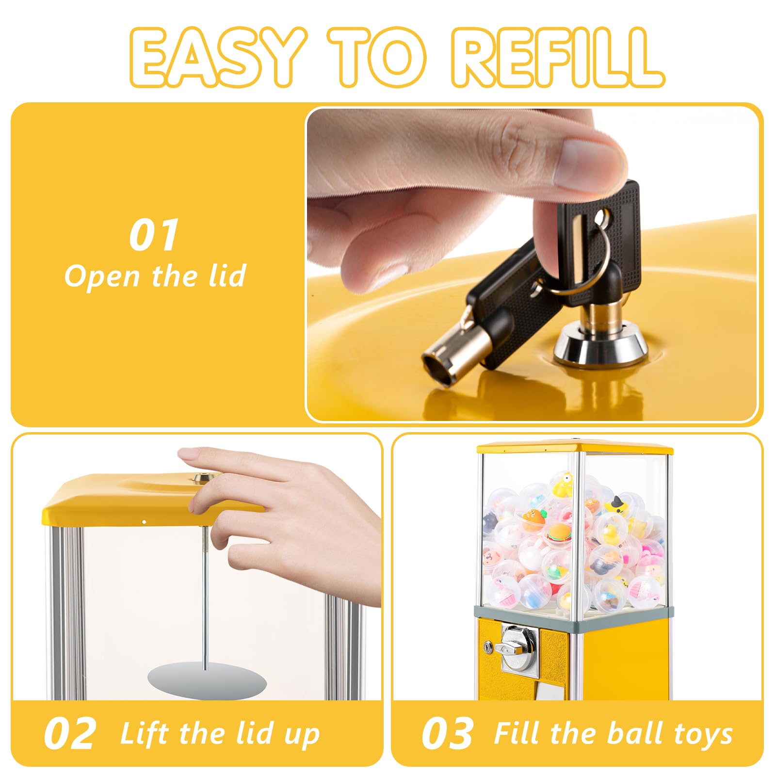 DYRABREST Commercial Toy & Candy Vending Machine - Large Capacity Gumball Bank for 1.18-2.17 Inch Toys - Perfect for Arcades, Game Stores, Retail Shops & Birthday Parties (Yellow)