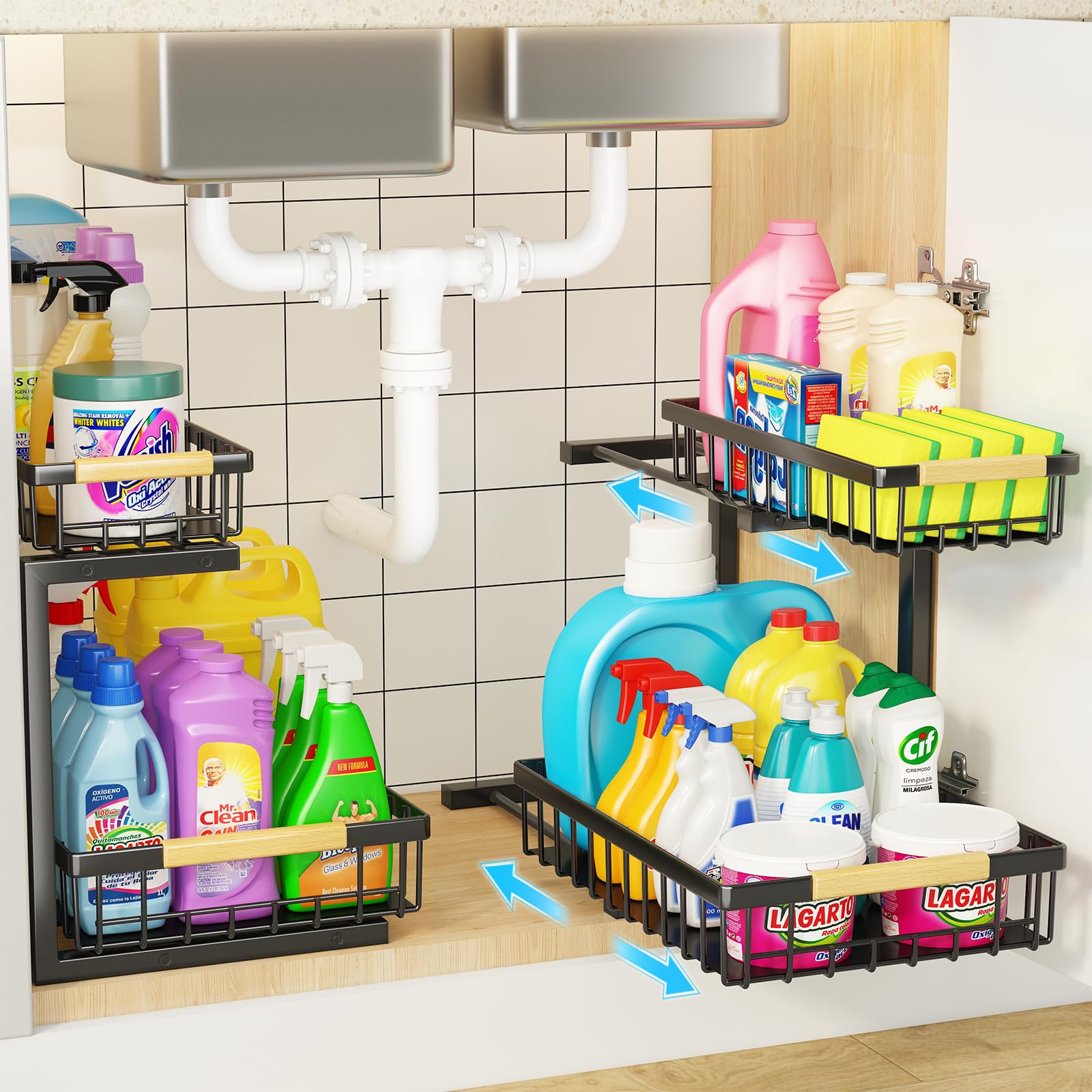 2-Tier Under Sink Organizer & Storage Shelf - Metal Pull Out Cabinet Organizer with Sliding Drawers for Kitchen, Bathroom & Closet (2 Pack) - Perfect for Maximizing Space Under Sinks and Cabinets