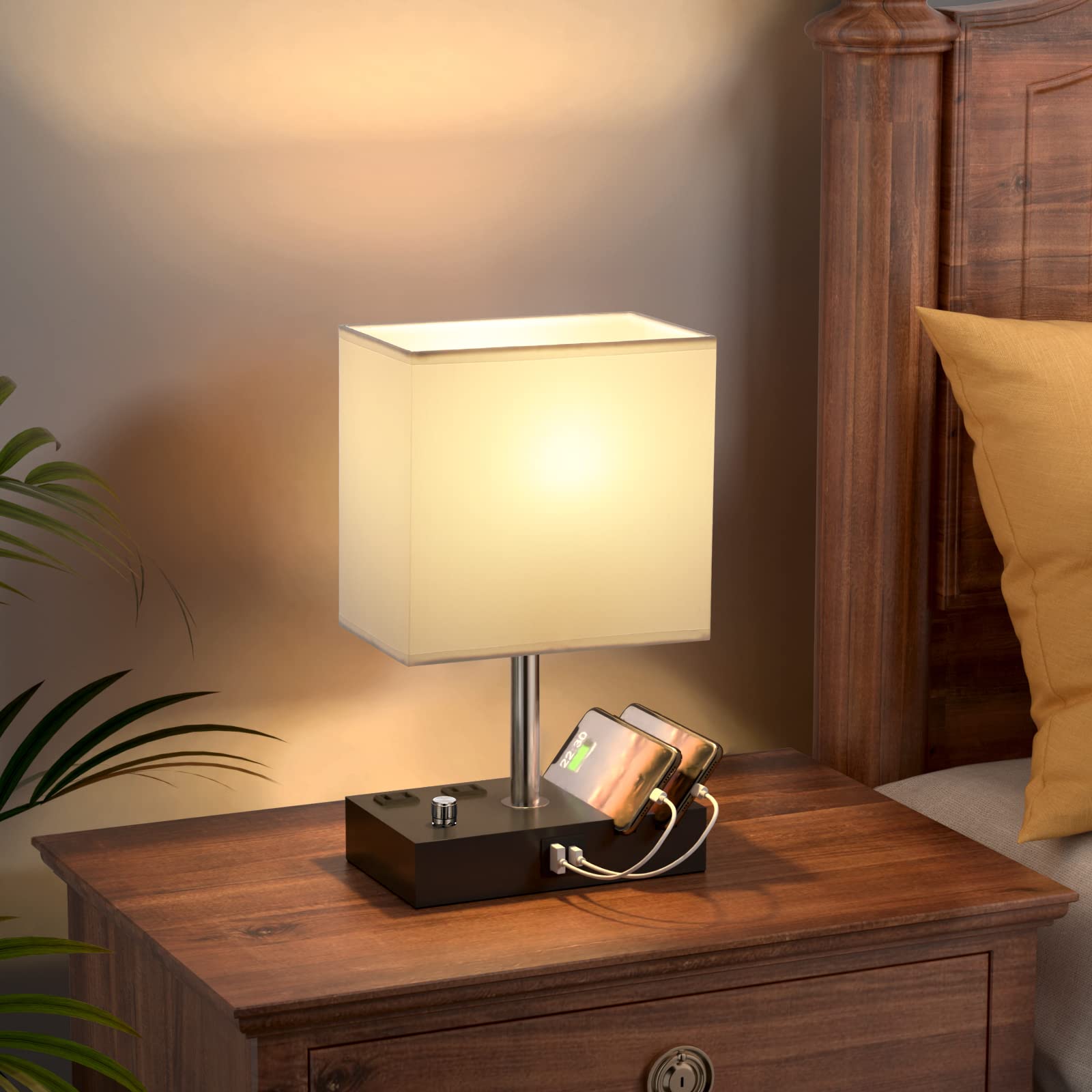 Kakanuo White Dimmable Table Lamp with Dual USB Ports & Phone Stand - LED Bedside Lamp for Bedroom, Nightstand, Living Room & Office - Includes LED Bulb & 2 Charging Outlets (Perfect for Reading, Working & Phone Charging)