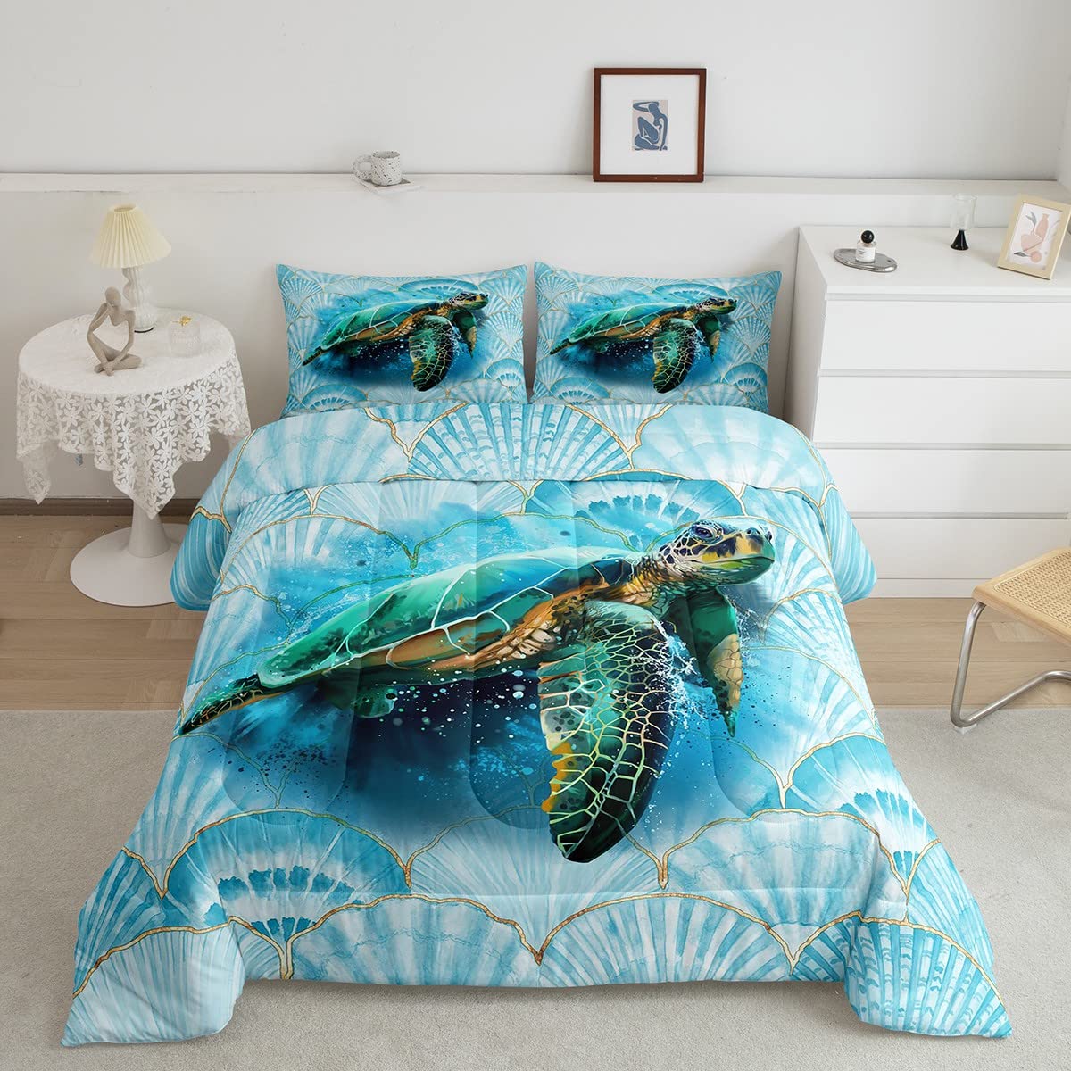 Sea Turtle Comforter Set Twin Size - Mystery Undersea Life Animals Bedding Set for Kids, Teens & Adults - Blue Tie Dye Mermaid Scales Quilt with Gold Shell Duvet Insert (2pc Set + Pillowcase) - Perfect for Coastal Themed Bedrooms, Beach House Decor & Ocean Lovers' Room Design