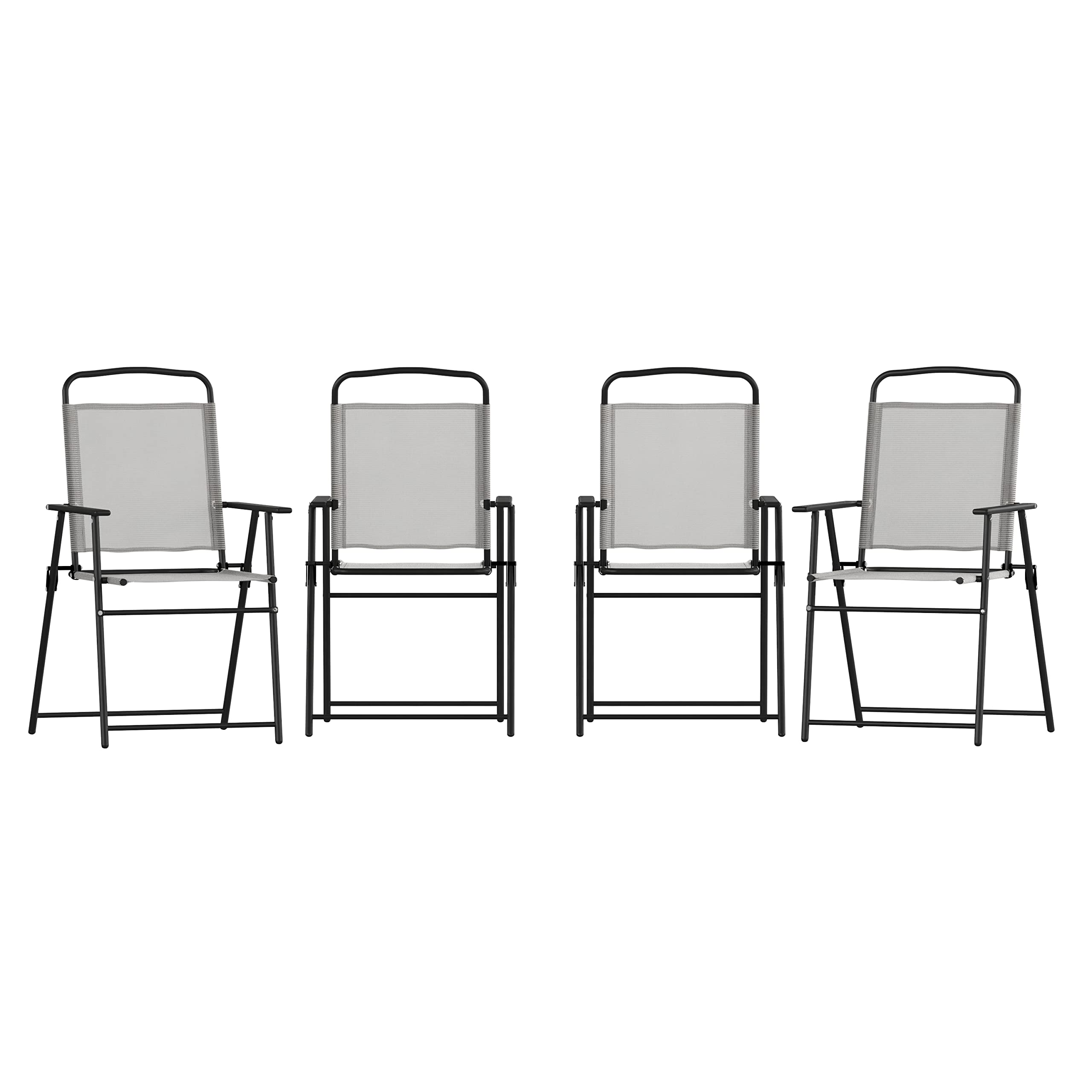 Flash Furniture Mystic Folding Patio Sling Chairs - Set of 4 Gray Textilene Outdoor Lounge Chairs with Armrests | Perfect for Poolside, Backyard, Garden & Patio Relaxation
