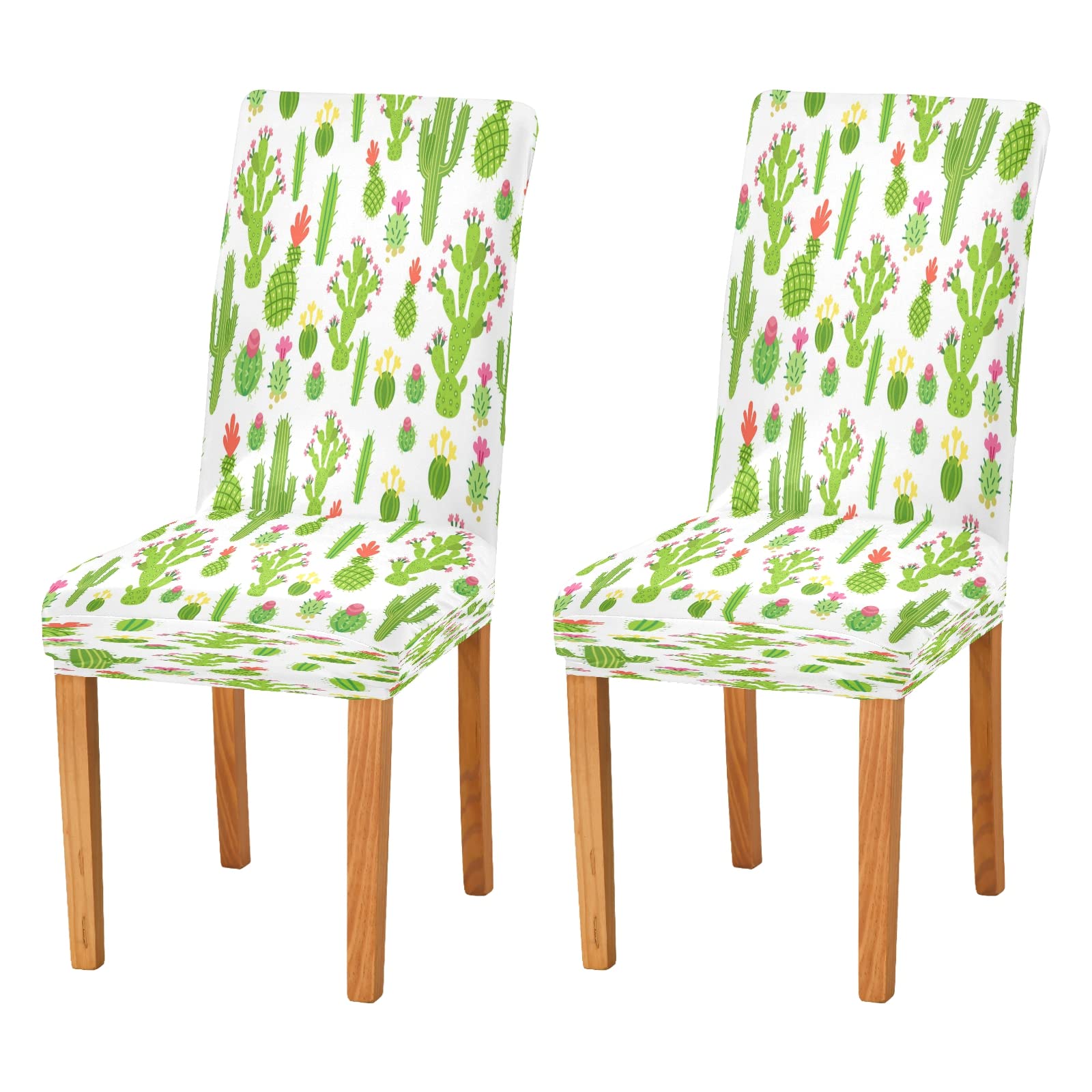 2PCS Cartoon Cactus Chair Covers - Stretchable Washable Dining Chair Slipcovers - Removable Seat Protectors for Home, Kitchen & Christmas Decor - Perfect for Dining Room, Living Room and Party Decorations