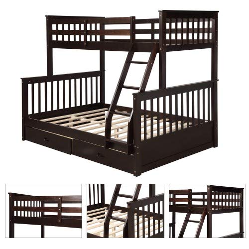Twin Over Full Bunk Bed with Removable Ladder & 2 Storage Drawers - Solid Wood Loft Bed for Kids & Teens (Espresso) - Perfect for Small Bedrooms, Guest Rooms & Vacation Homes