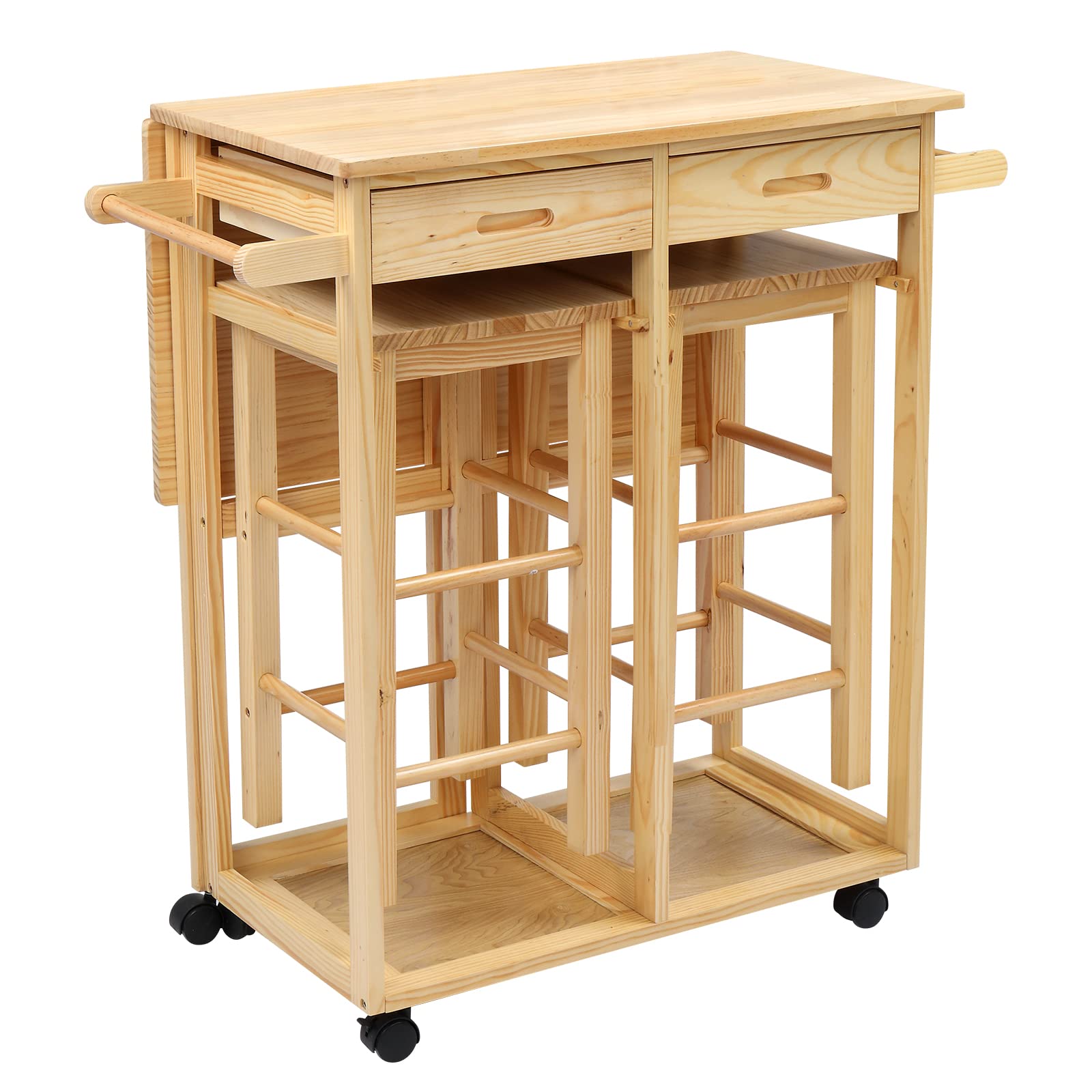 FCH Solid Wood Drop Leaf Kitchen Table with 2 Square Stools & 2 Drawers - Space-Saving Breakfast Bar, Dining Island Cart for Small Apartments & Compact Kitchens