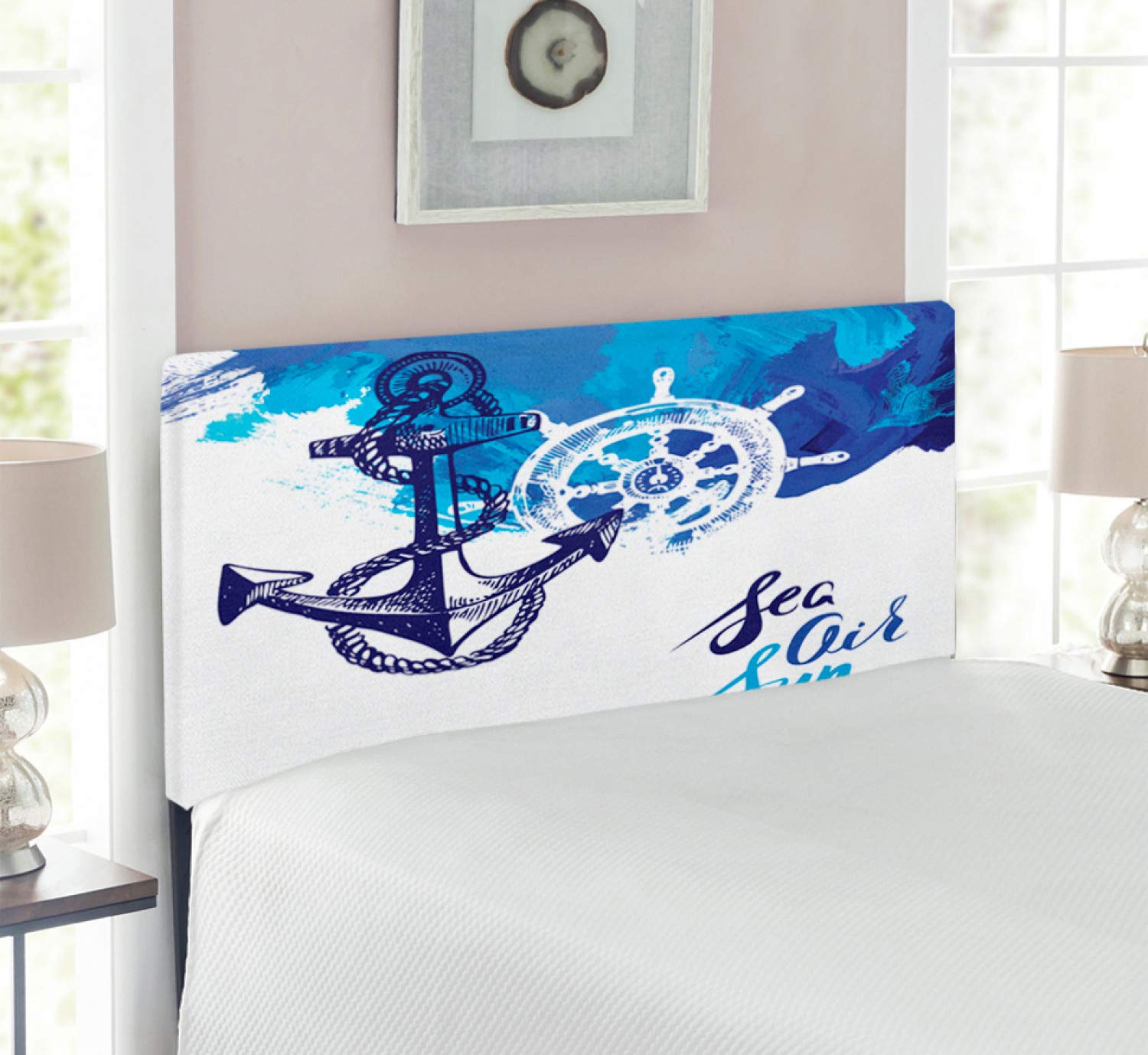 Ambesonne Nautical Upholstered Headboard - Blue & White Ocean Themed Metal Bed Headboard with Memory Foam, Wind Rose & Rudder Design, Twin Size | Perfect for Cruise & Beach Themed Bedrooms, Guest Rooms & Coastal Home Decor