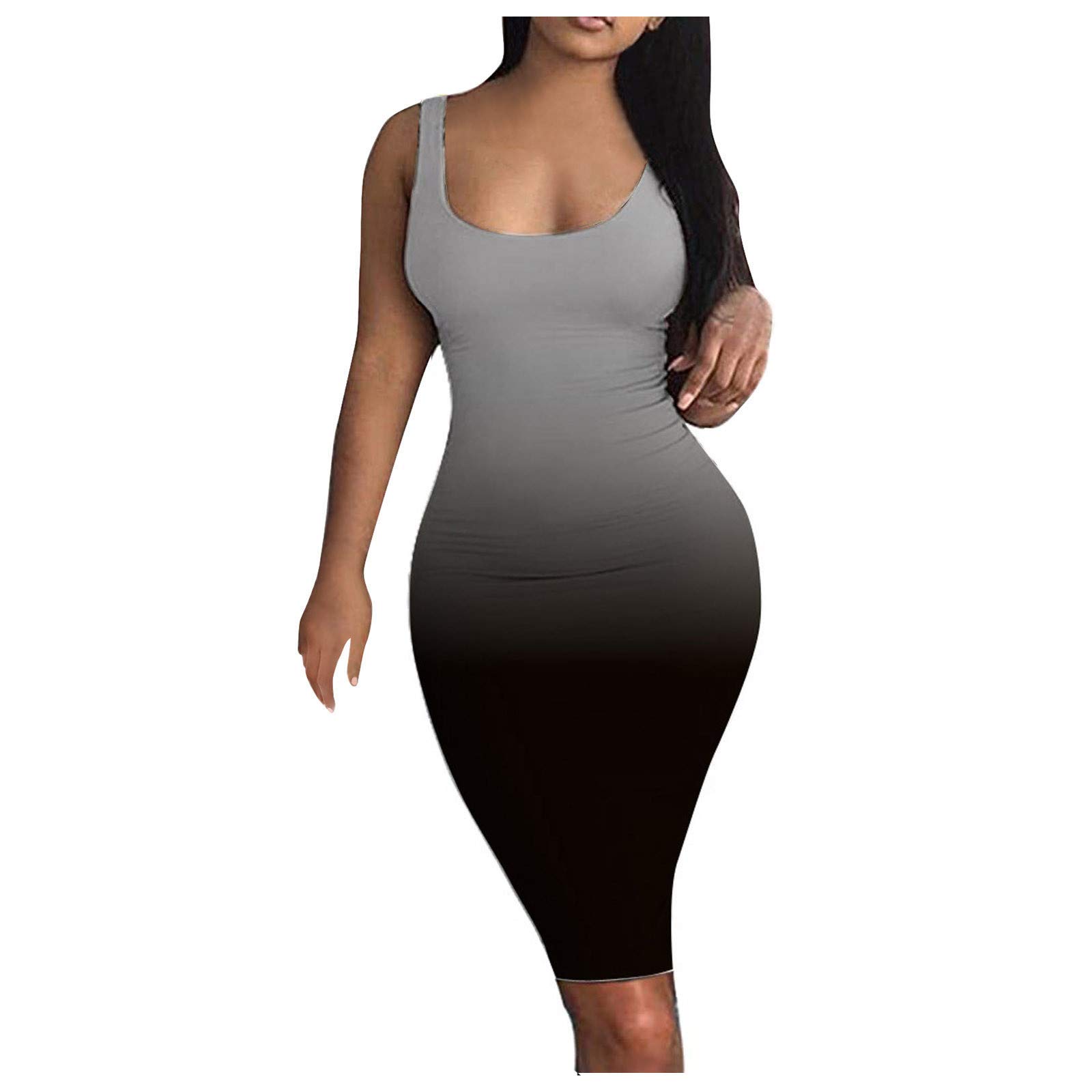 Black Sleeveless Tank Midi Dress for Women - Gradient Party Club Dress, Casual Summer Tee Shirt Dress - Perfect for Night Out, Beach Wear and Daily Fashion