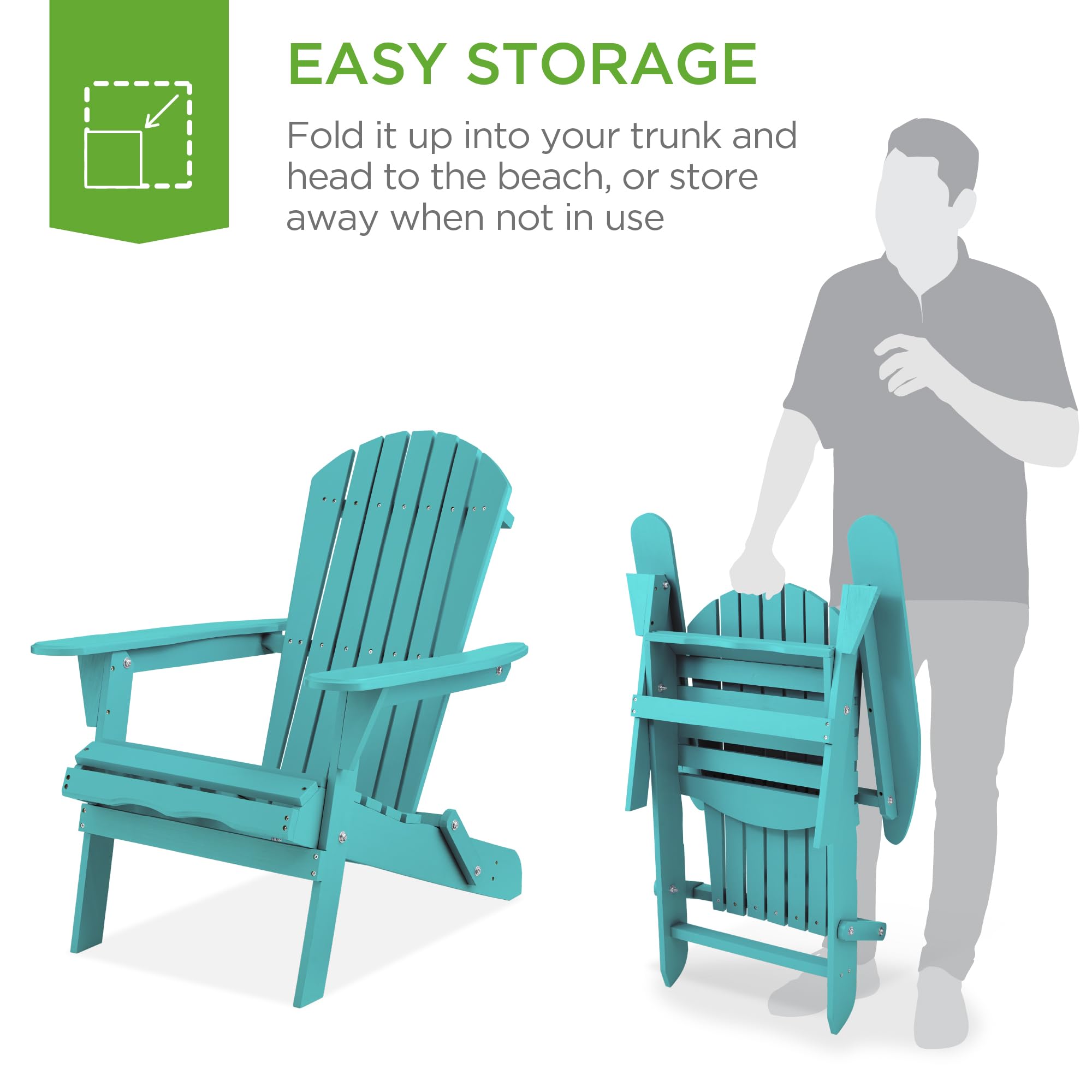Best Choice Products Folding Adirondack Chair - Outdoor Wooden Patio Furniture with 350lb Weight Capacity, Turquoise - Perfect for Backyard, Garden, Poolside & Fire Pit Relaxation