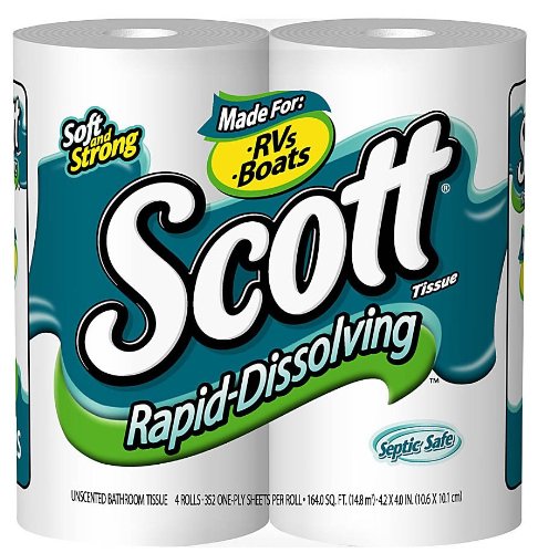 Scott Rapid-Dissolving Toilet Paper, 4 Rolls - Septic Safe & RV Friendly Bathroom Tissue for Camping, Boating & Emergency Preparedness
