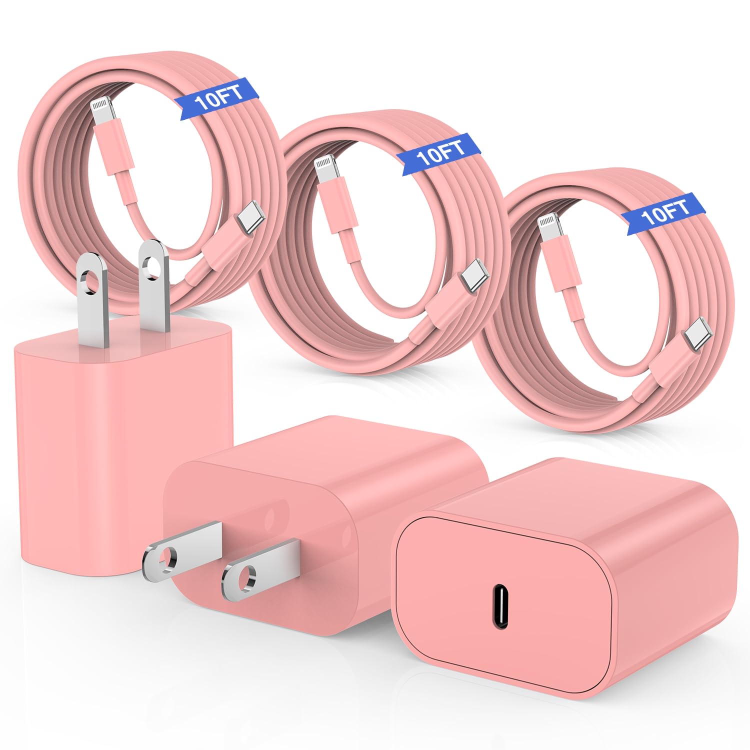 10ft iPhone Fast Charging Cable with 20W USB C Wall Charger - 3 Pack Pink - Compatible with iPhone 14/13/12/11/Pro Max/Plus & iPad - Type C to Lightning Cord for Home, Office, Travel & Car Charging