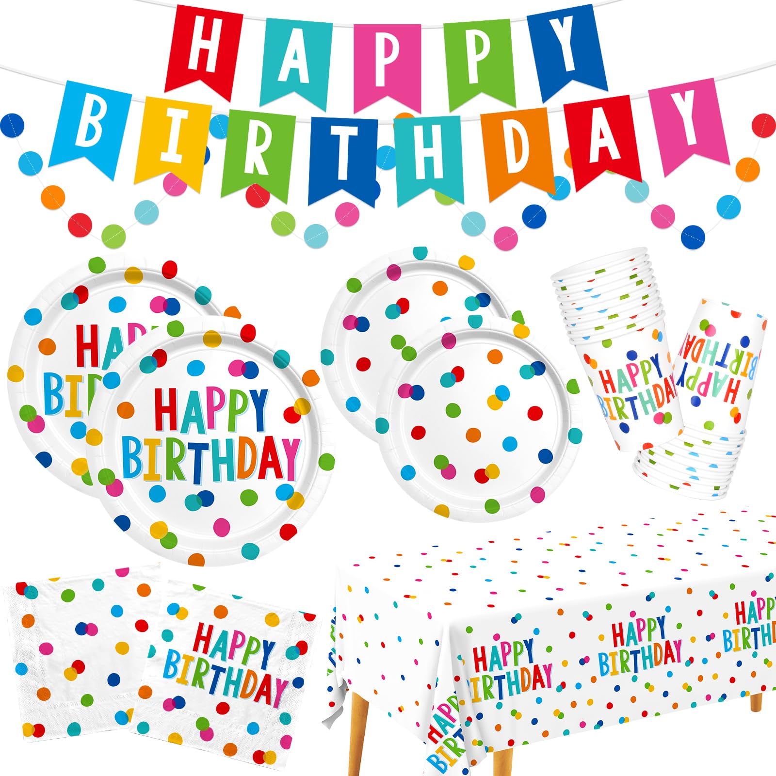 Happy Birthday Party Supplies Set - 25-Piece Disposable Paper Plates, Napkins, Cups, Tablecloth & Banner with Dots Design for Boys & Girls | Birthday Decorations for Kids, Adults & Family Celebrations