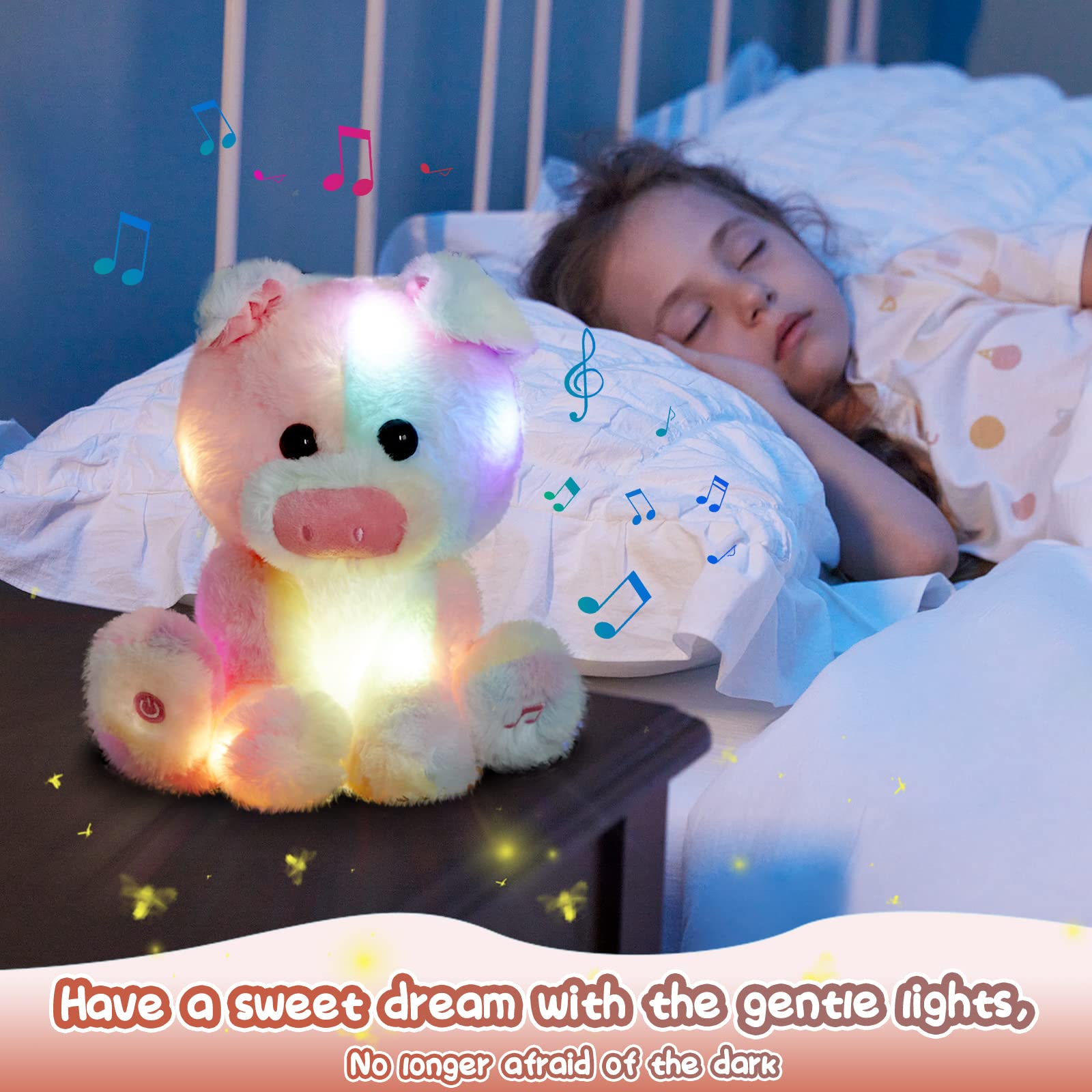 Glow Guards 12'' Musical LED Rainbow Pig Stuffed Animal - Soft Singing Plush Toy with Night Light & Lullaby | Perfect Gift for Kids Birthday, Children's Day & Holidays | Ideal for Bedtime Comfort, Nursery Decor & Sensory Play