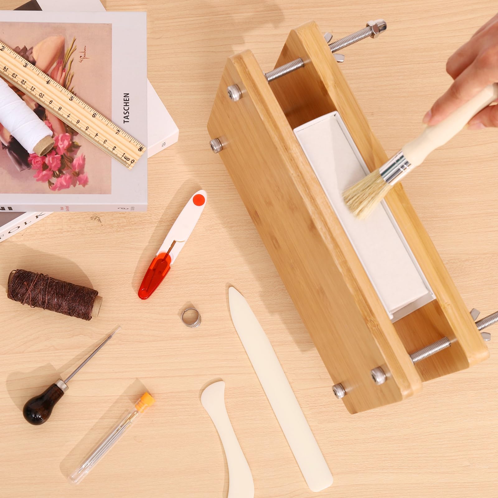 Hugestar Wooden Bamboo Book Press with 23-Piece Bookbinding Kit - 11.6 x 7.8 Inch DIY Book Press for Handmade Journals, Photo Albums & Scrapbooks - Perfect for Bookbinding, Restoration & Craft Projects