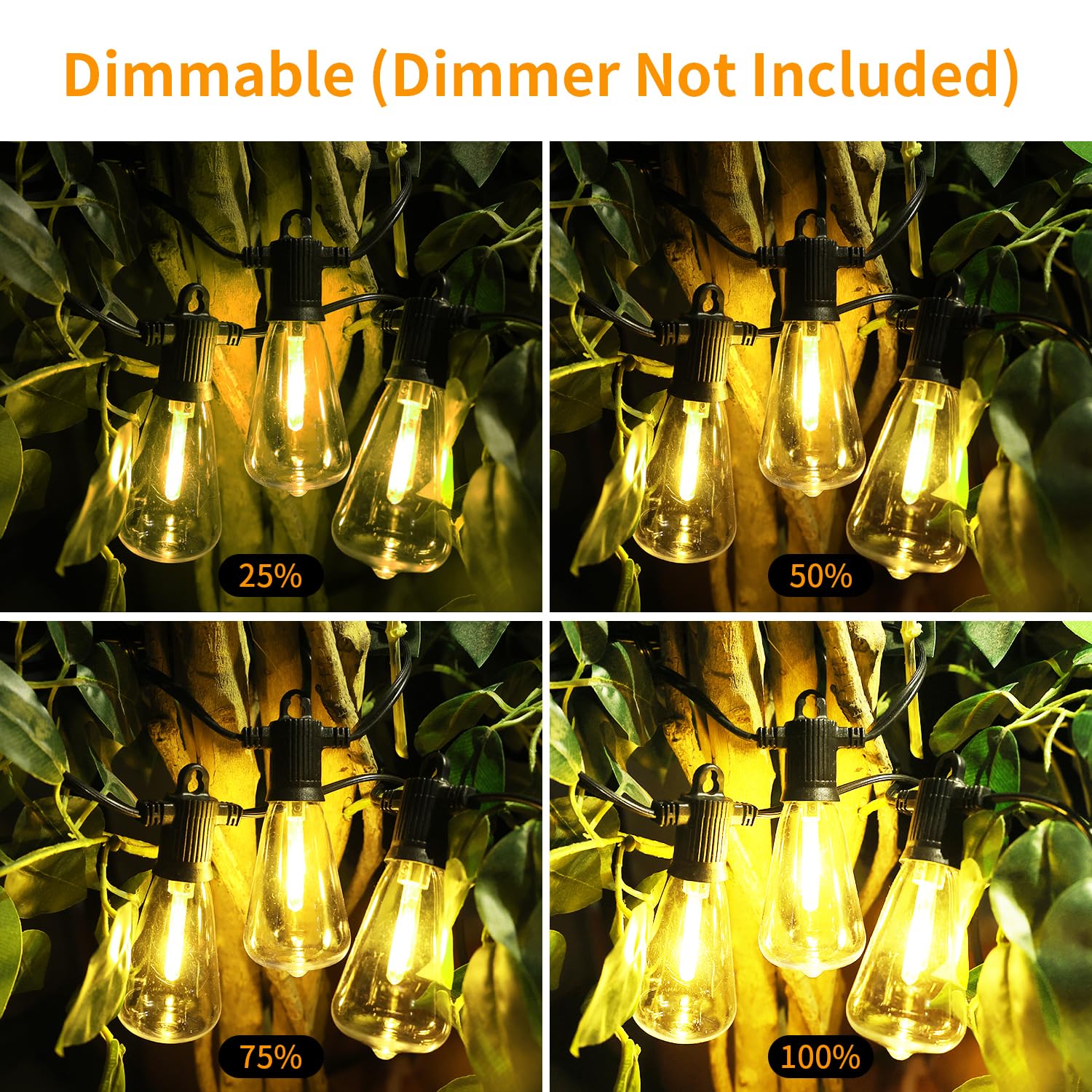 ZOTOYI 50FT Outdoor String Lights with 27 LED ST38 Edison Bulbs (2 Spare Included) - IP65 Waterproof Dimmable 2700K Warm White Patio Lights for Garden, Backyard, Cafe, Porch, Gazebo - Perfect for Romantic Evenings, Outdoor Dining & Party Decorations