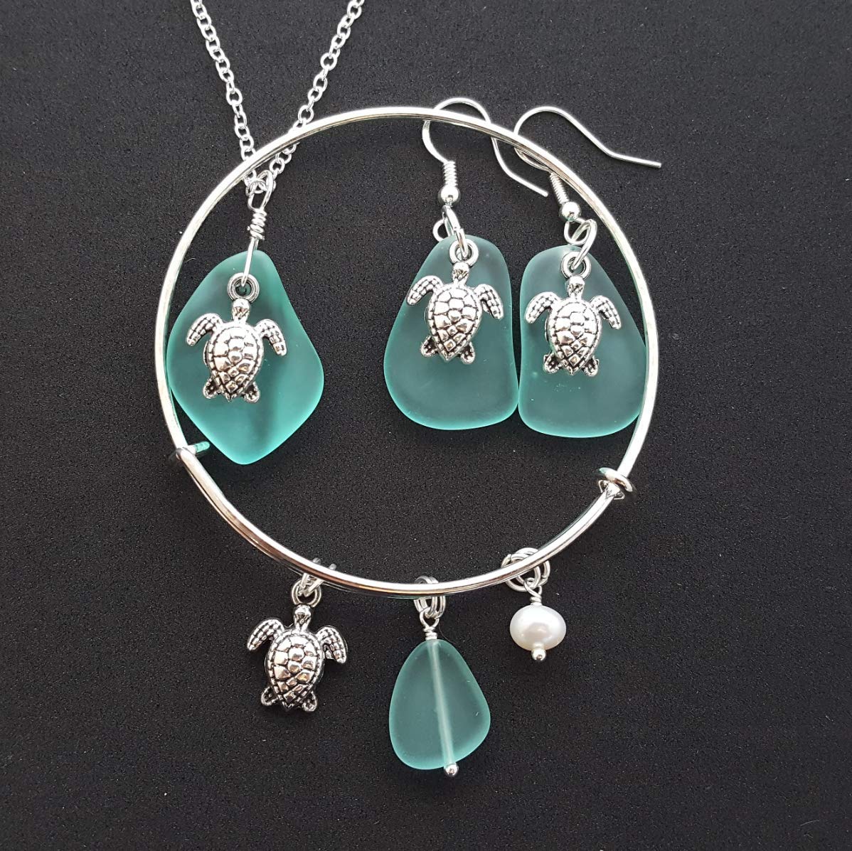 Handmade Aqua Sea Glass Jewelry Set - Necklace, Earrings & Bracelet - March Birthstone Gift - Hawaii Style with Customizable Message - Perfect for Birthdays, Anniversaries & Beach Weddings