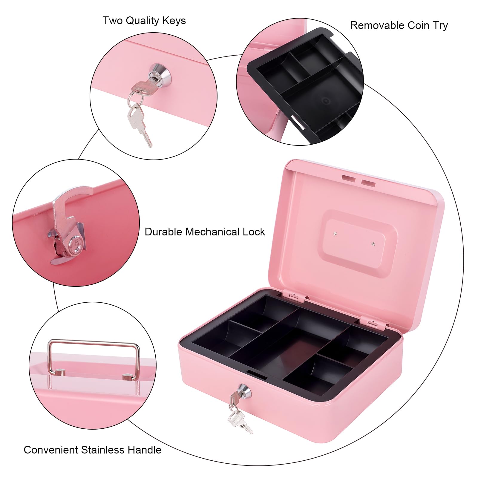 Heavy Duty Metal Cash Box with Lock & Money Tray - Secure Money Storage Box 9.84