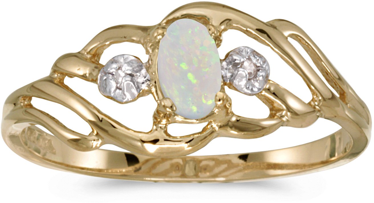14K Yellow Gold Oval Opal and Diamond Ring for Women - Elegant Vintage Style Jewelry Gift for Engagement, Wedding, Anniversary & Special Occasions