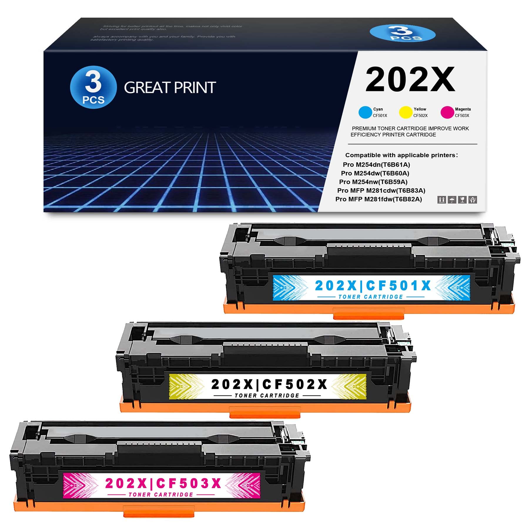 HP CF501X CF502X CF503X Compatible Toner Cartridge Replacement for HP Pro M254nw M254dw M254dn MFP M280nw M281fdn M281fdw M281cdw Printer - 3-Pack (1 Cyan, 1 Magenta, 1 Yellow) | High-Yield Printing for Office & Home Use