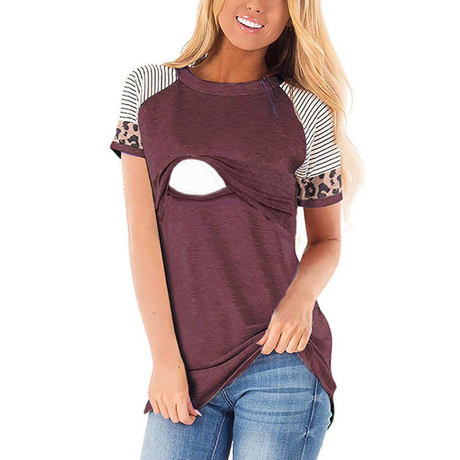 Women's Casual Leopard Print Maternity T-Shirt - Comfortable Exercise & Nursing Top for Pregnancy & Postpartum - Perfect for Yoga, Gym Workouts & Everyday Wear