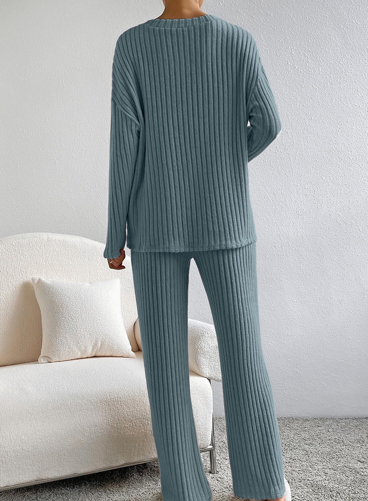 SHEWIN Women's Pajama Sets - Long & Short Sleeve 2-Piece Lounge Outfit, Ribbed Knit Sweater Sleepwear for Cozy Nights & Relaxing at Home