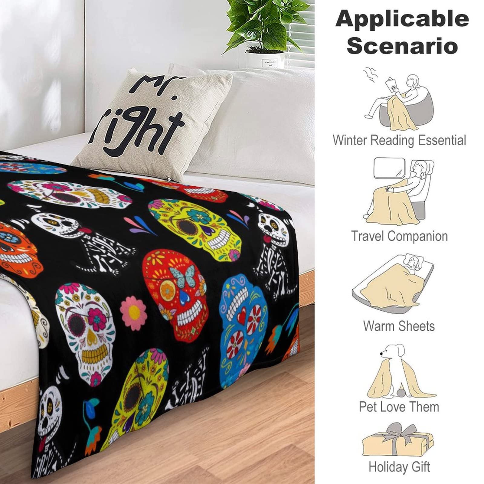 Day of the Dead Sugar Skull Fleece Blanket - Soft Warm Flannel Throw 80x60 Inches for Couch, Bed & Pets - Mexican Holiday Home Decor Gift for Adults & Kids