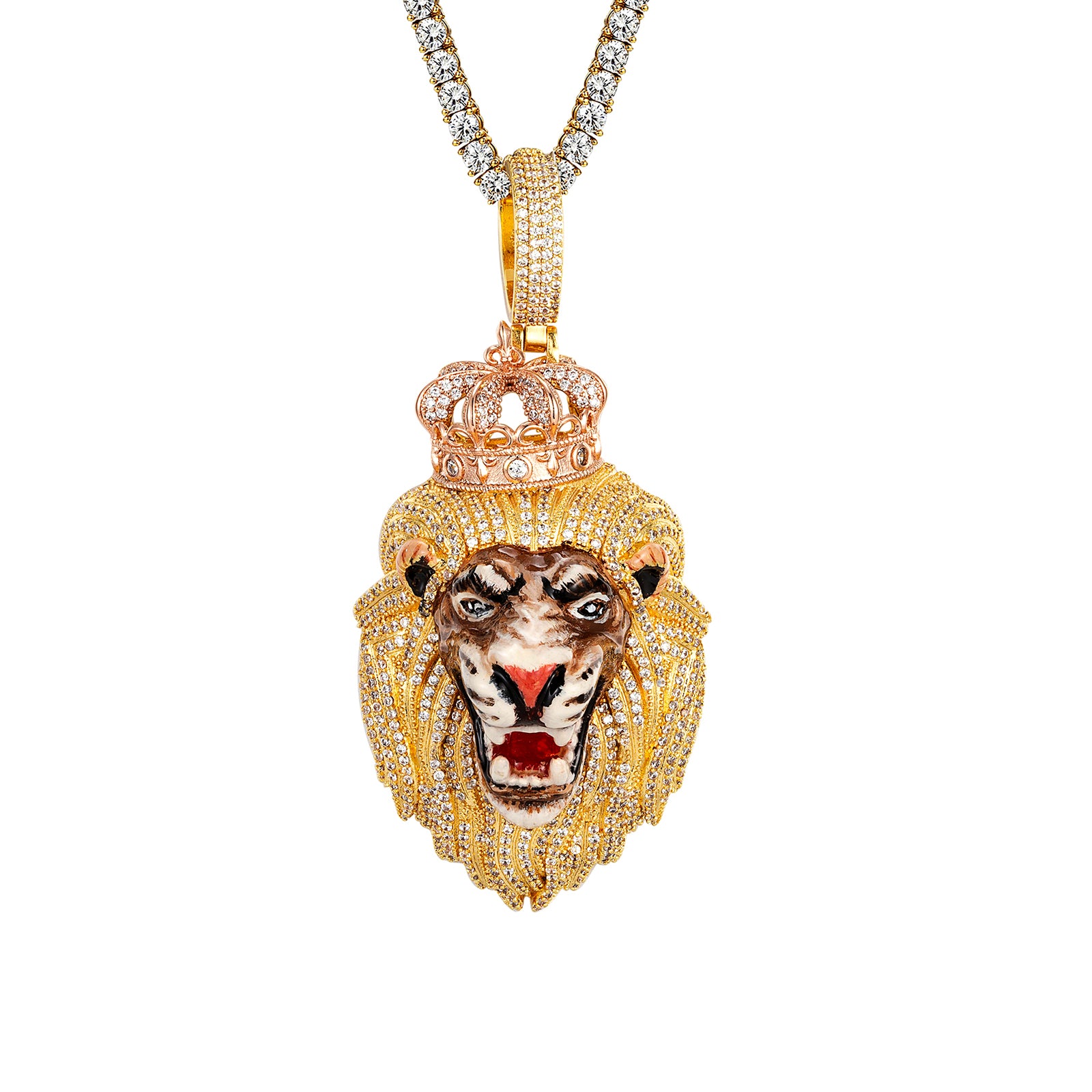 Roaring Lion 3D Crown Yellow Gold Hip Hop Pendant Necklace - Bold Statement Jewelry for Rappers & Streetwear Fashion