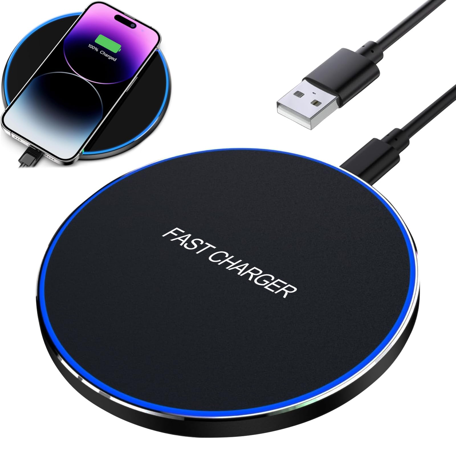 ZUOQIANG 15W Fast Wireless Charger Pad - Compatible with iPhone 14/13/12/11/Pro Max/XR/X/Plus & Samsung Galaxy S23/S22/S21 - Qi Certified Wireless Charging Station for Bedside, Office & Car (Black)