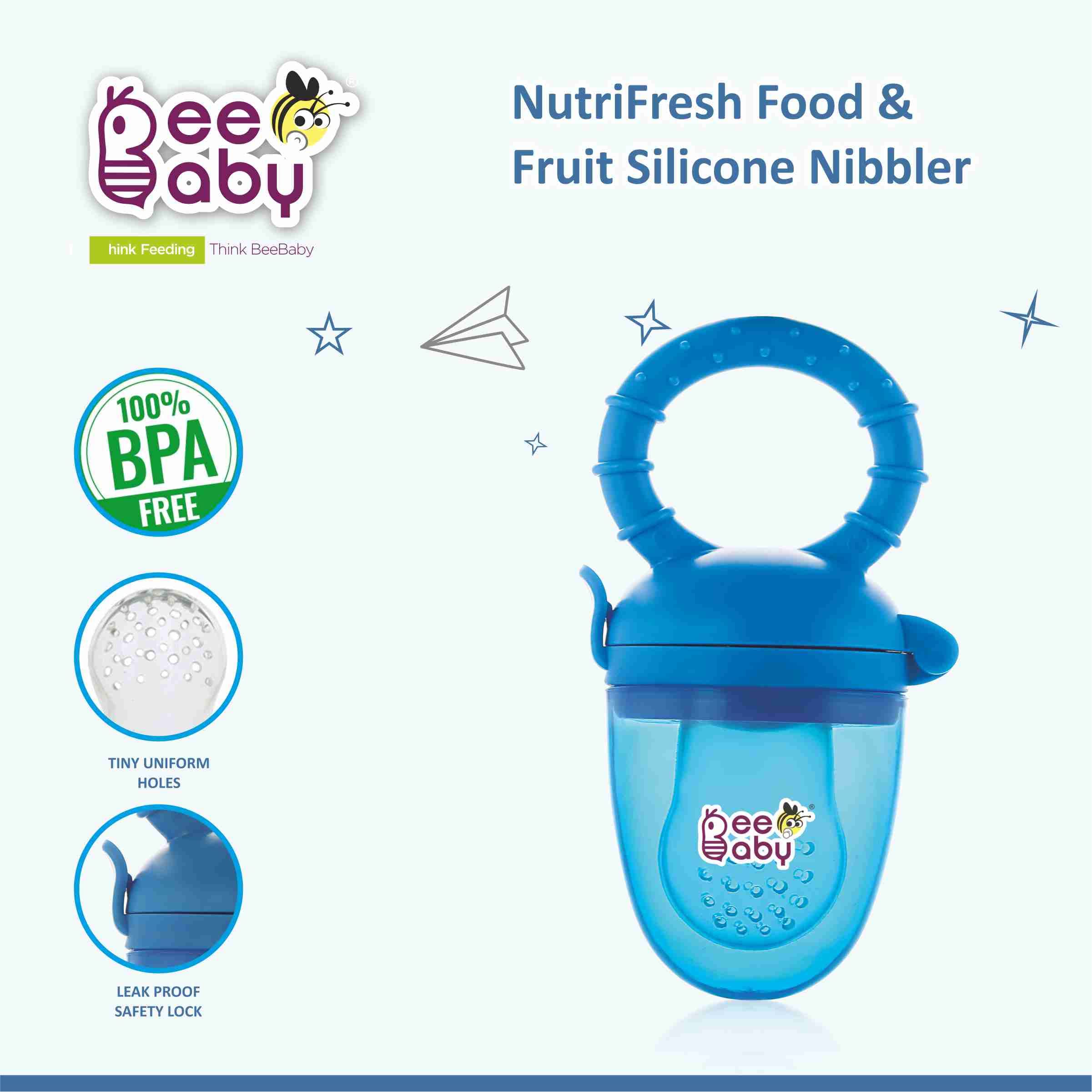 BeeBaby Soft Silicone Baby Food Feeder with Extra Mesh - Safe Anti-Choking Fruit Pacifier & Teether for Infants 3+ Months | 100% BPA Free | Perfect for Purees, Fruits & Teething Relief (Fruttino - Blue)