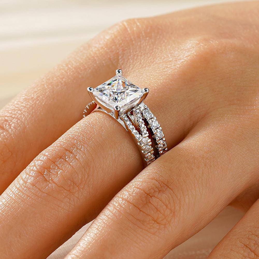 Princess Cut Split Shank Moissanite Engagement & Wedding Ring Set for Couples - Men's Matching Band - Perfect for Proposals, Anniversaries & Romantic Occasions