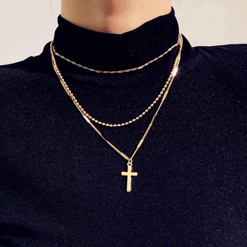 PROTUSTER Gold Layered Cross Pendant Choker Necklace for Women - Elegant Party & Beach Fashion Jewelry Accessory | Perfect for Date Nights, Vacations, and Gift Giving