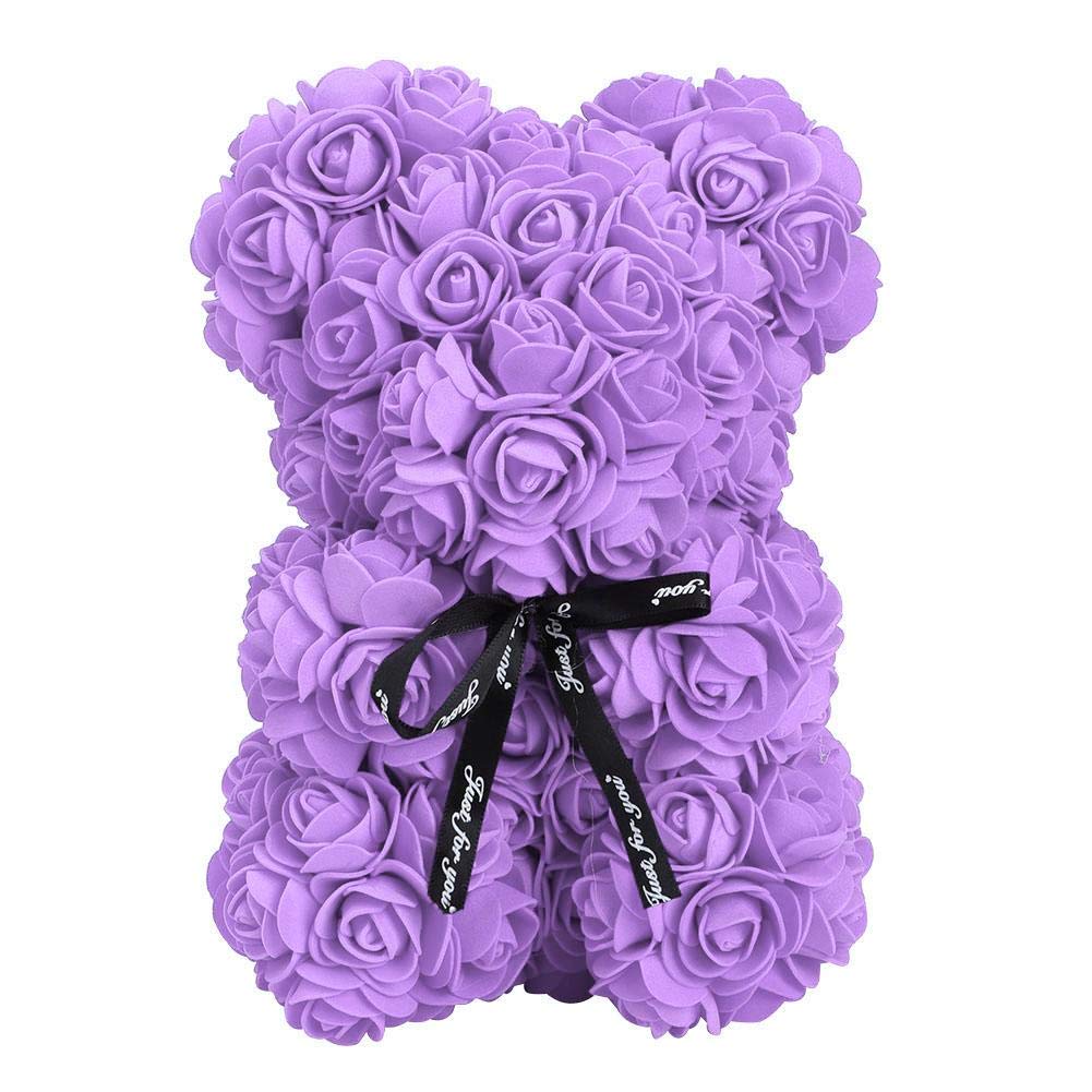 Eternal Rose Flower Bear - Unique Cute Artificial Rose Teddy Bear with Bowknot Decoration | Valentine's Day Gift for Her, Anniversary, Birthday Present | Perfect for Romantic Surprises, Wedding Decor, Home Decoration (Purple)