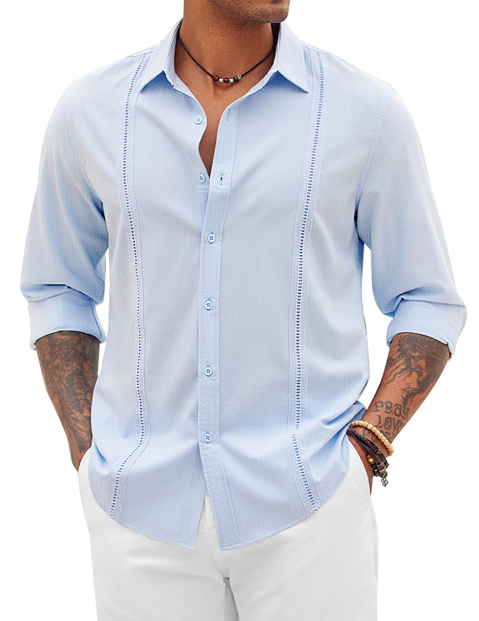 COOFANDY Men's Cuban Guayabera Shirts - Stylish Button Down Long Sleeve Casual Shirt for Beach, Summer & Tropical Vacations | Perfect for Resorts, Weddings & Outdoor Events
