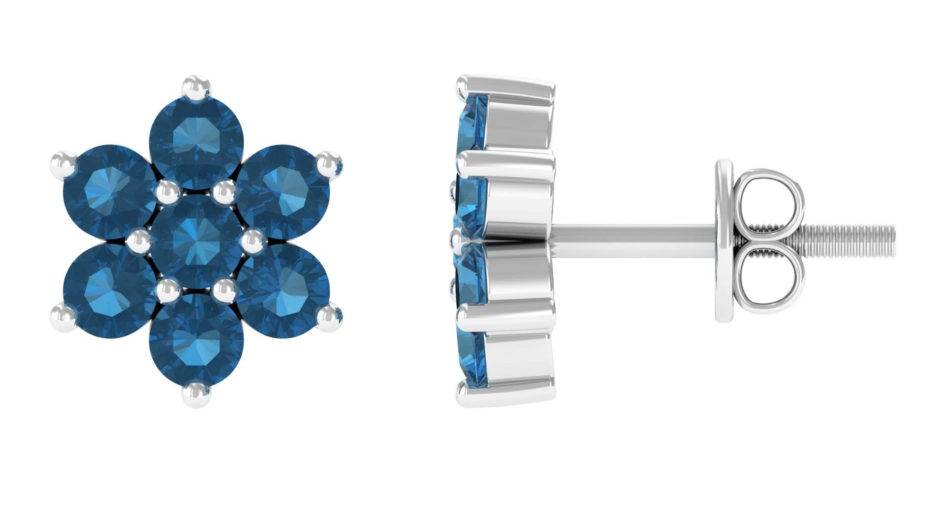 1.25 CT London Blue Topaz Stud Earrings for Women - 14K Solid Gold Flower Stud Earrings - Elegant Jewelry Gift for Birthday, Anniversary & Special Occasions
