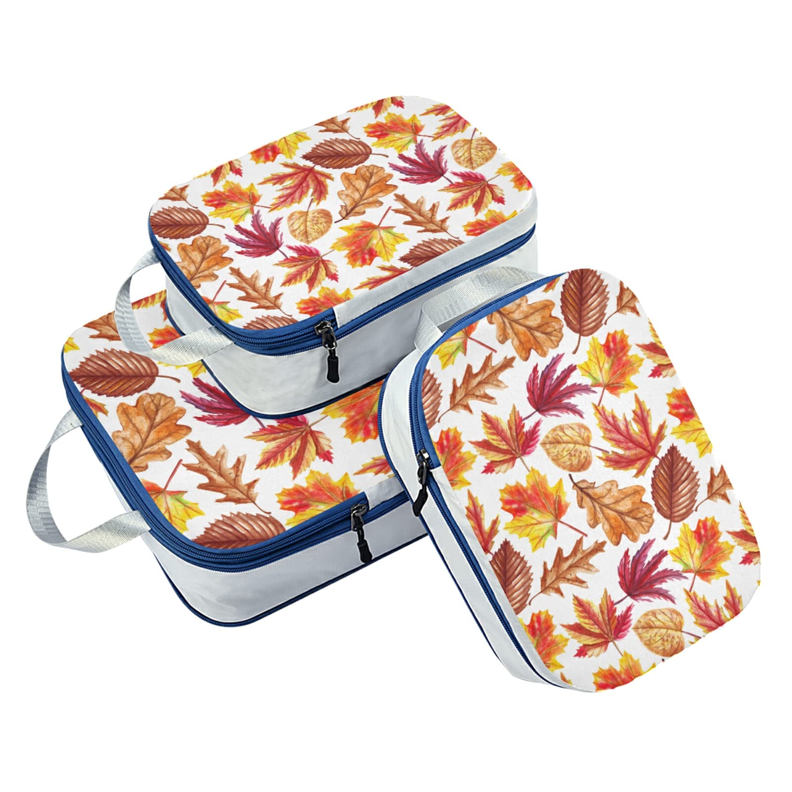 Watercolor Autumn Leaves Orange Red Falling Leaves on White 3-Piece Expandable Luggage Packing Cubes Set - Ultralight Travel Organizer for Suitcase, Compressible Packing Bags - Perfect for Vacation, Business Trips & Airplane Travel