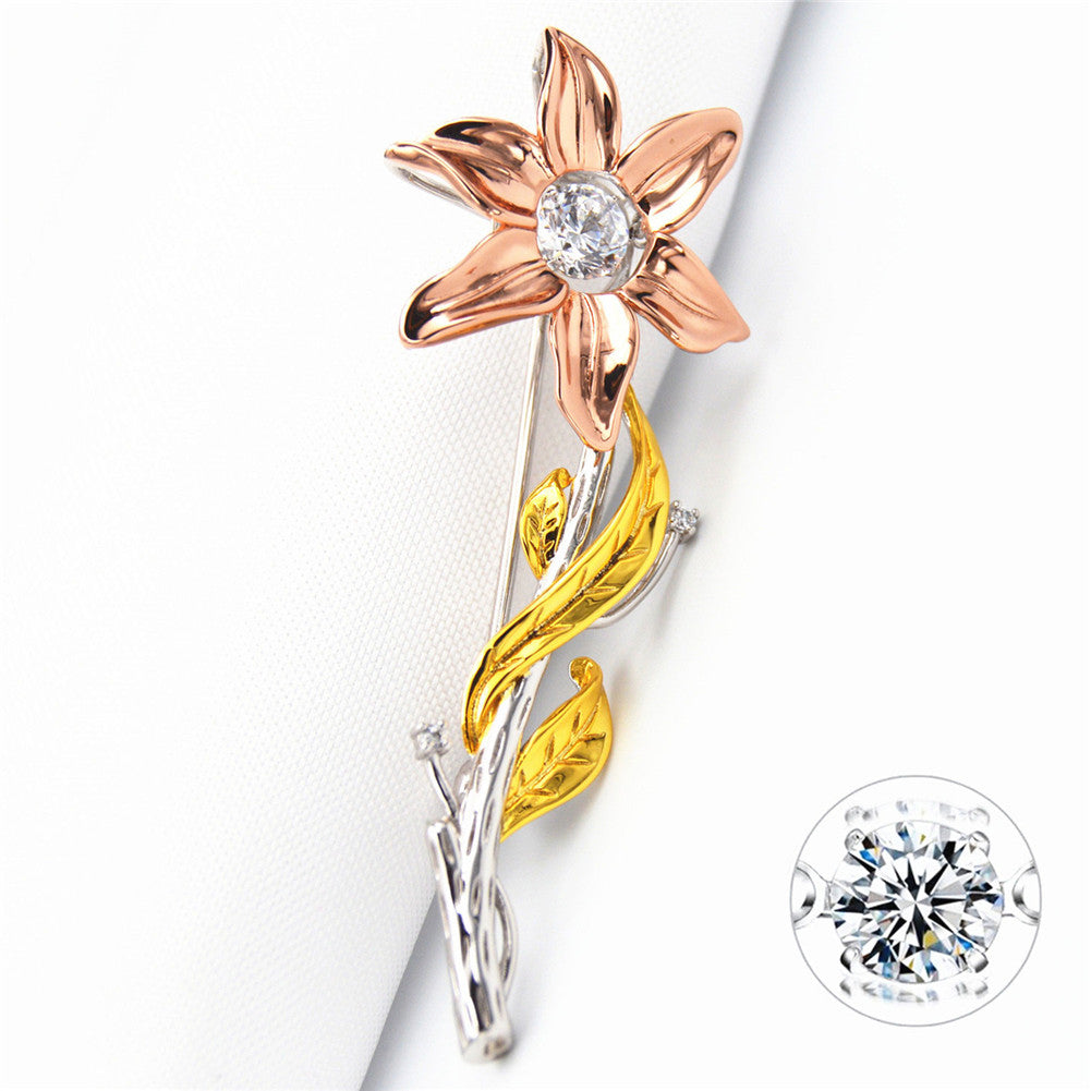 MABELLA 925 Sterling Silver 5.7mm Round Dancing CZ Three-Tone Sunflower Brooch Pin for Women | Elegant Floral Jewelry Gift for Weddings, Parties & Special Occasions